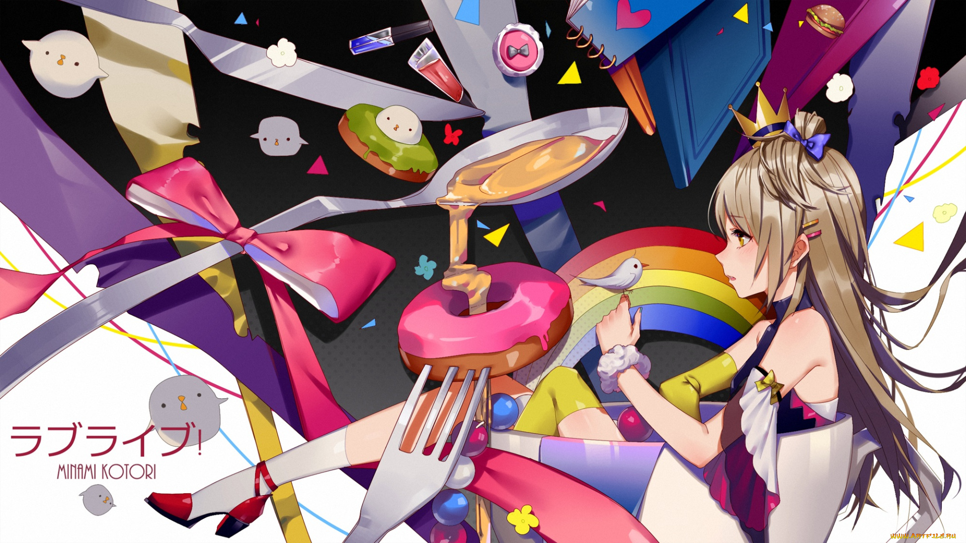 аниме, love, live, , school, idol, project, minami, kotori, prophet, heart, птичка, девушка, вилка, ложка, нож, еда, арт, love, live, school, idol, project