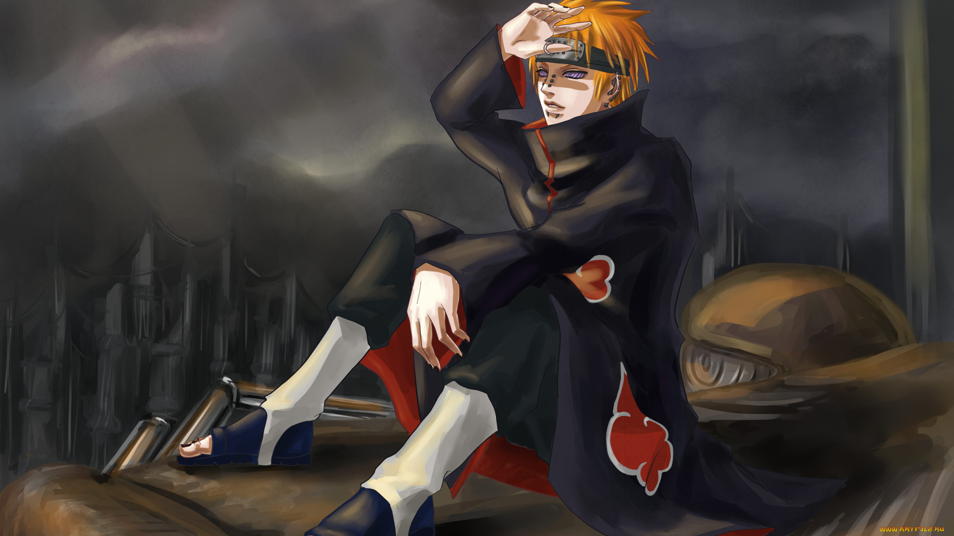 аниме, naruto, взгляд, pain, koyasu, парень, наруто, art, город, риннеган, сидит