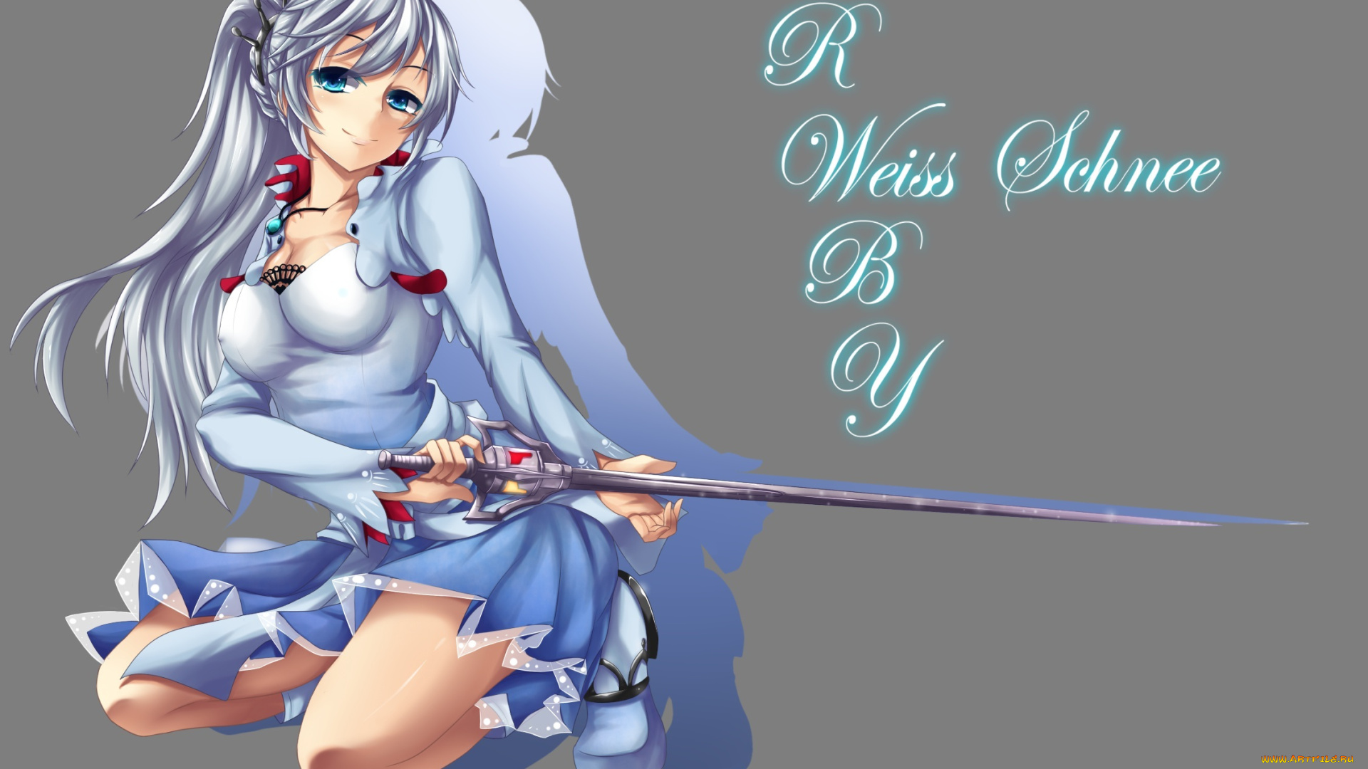 аниме, оружие, , техника, , технологии, меч, поза, тень, rwby, девушка, fi-san, weiss, schnee, art, улыбка, взгляд