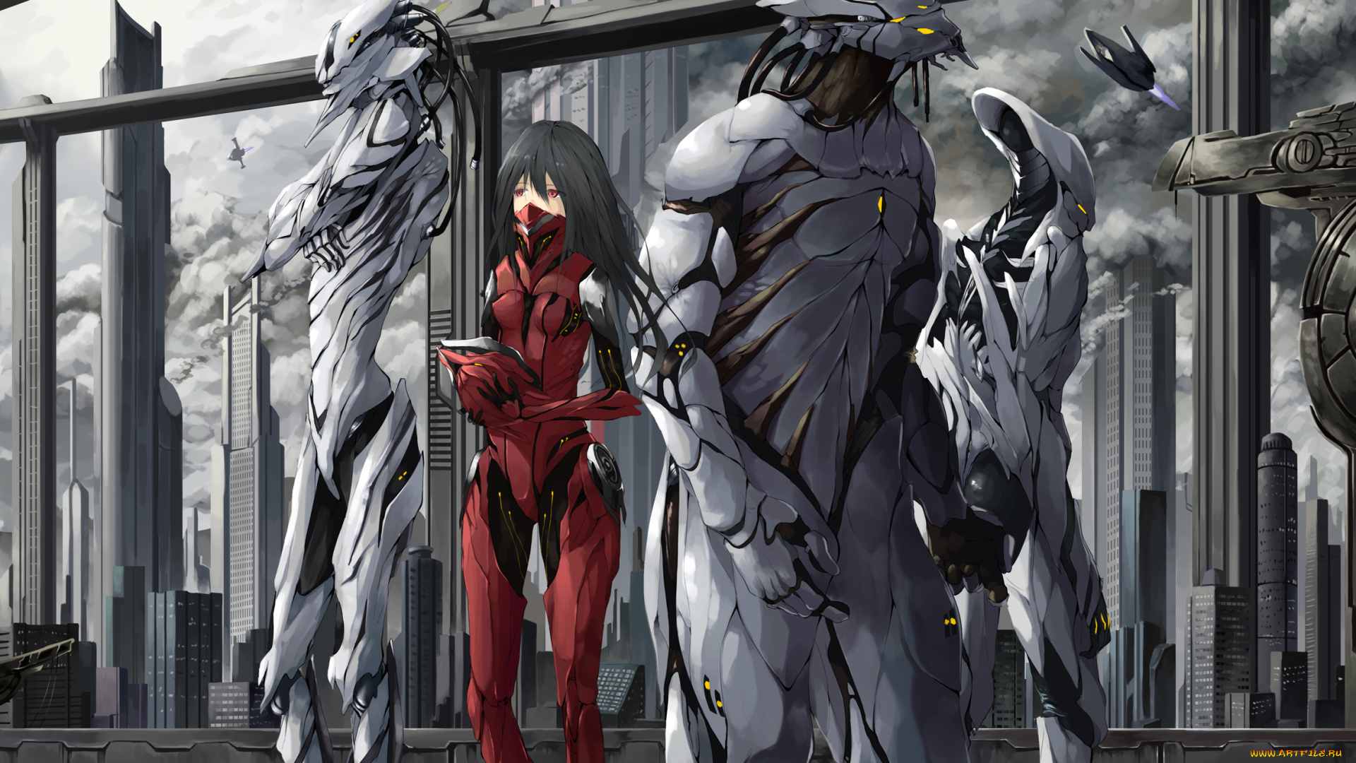 аниме, оружие, , техника, , технологии, пришельцы, корабли, костюм, город, девушка, арт