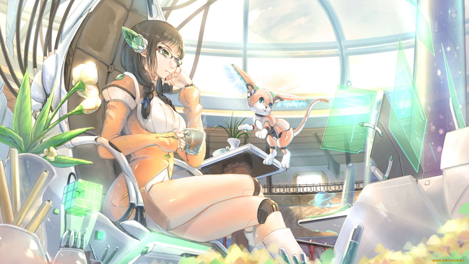 аниме, оружие, , техника, , технологии, технологии, цветы, чай, чашка, девушка, поза, art, будущее, kikivi