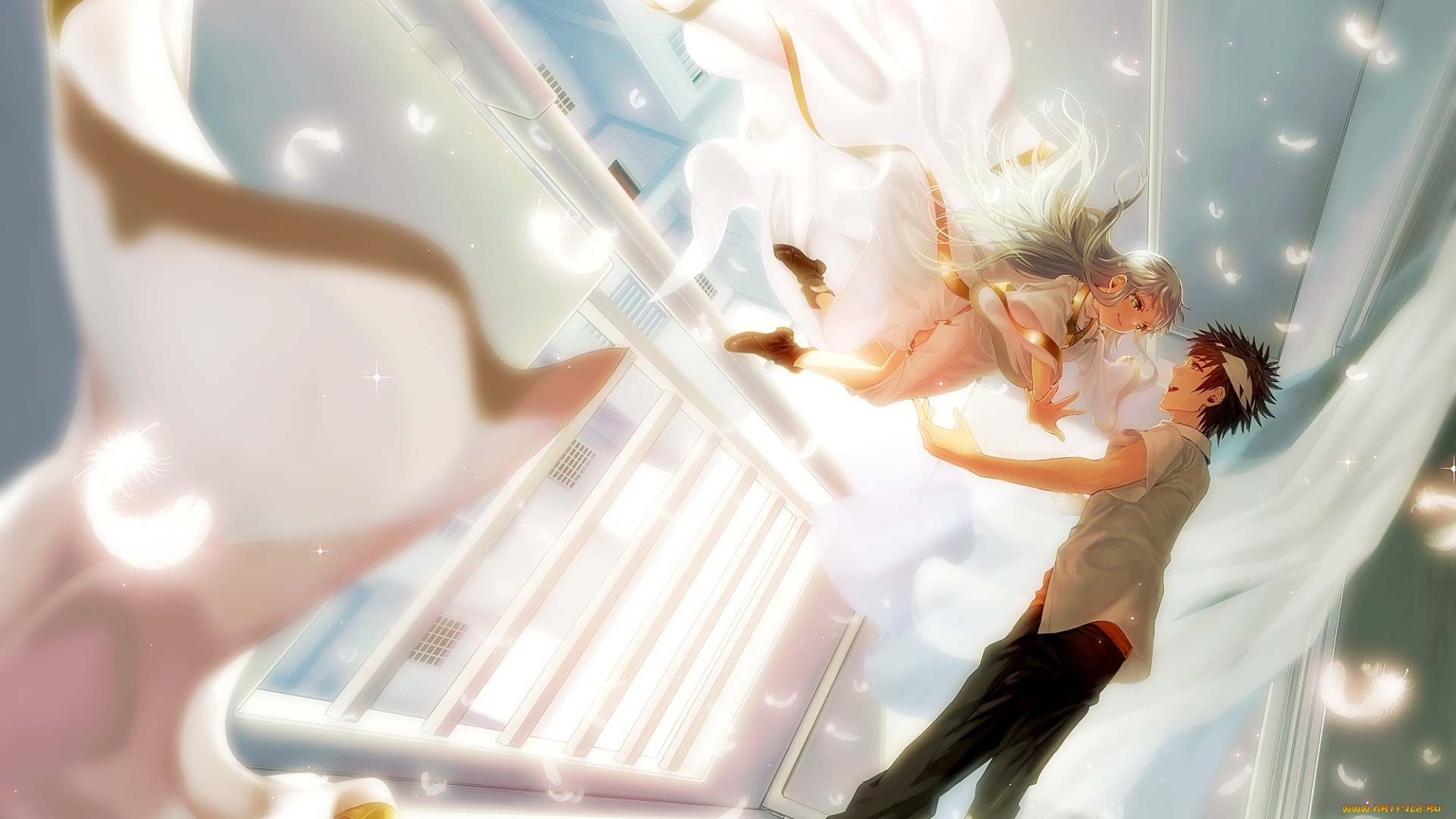 аниме, toaru, majutsu, no, index, парень, index, to, aru, majutsu, no, art, девушка, радость, полет, повязка, коридор, настроение, kamijou, touma