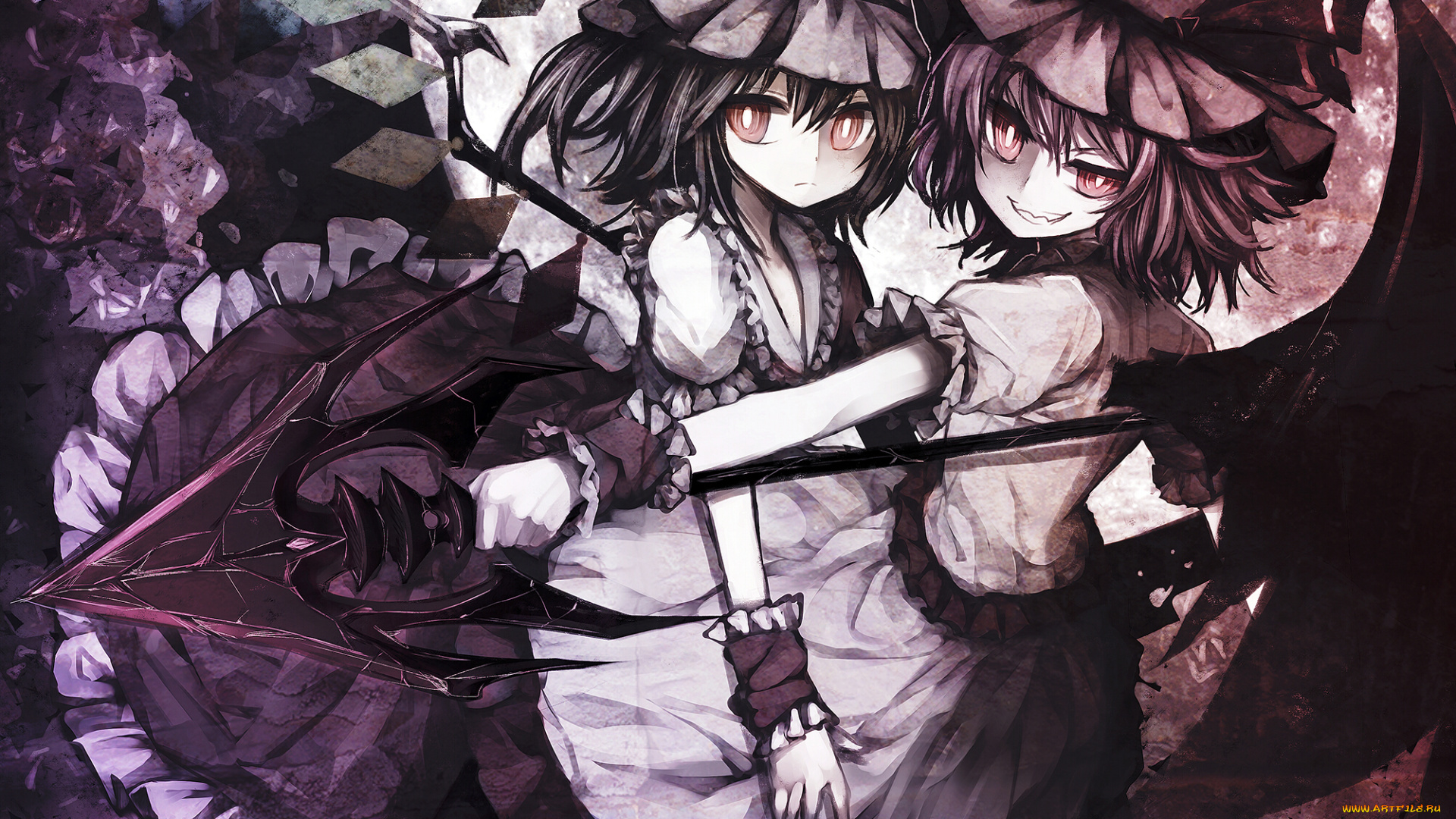 аниме, touhou, девочки, шляпы, ухмылка, копье, оружие