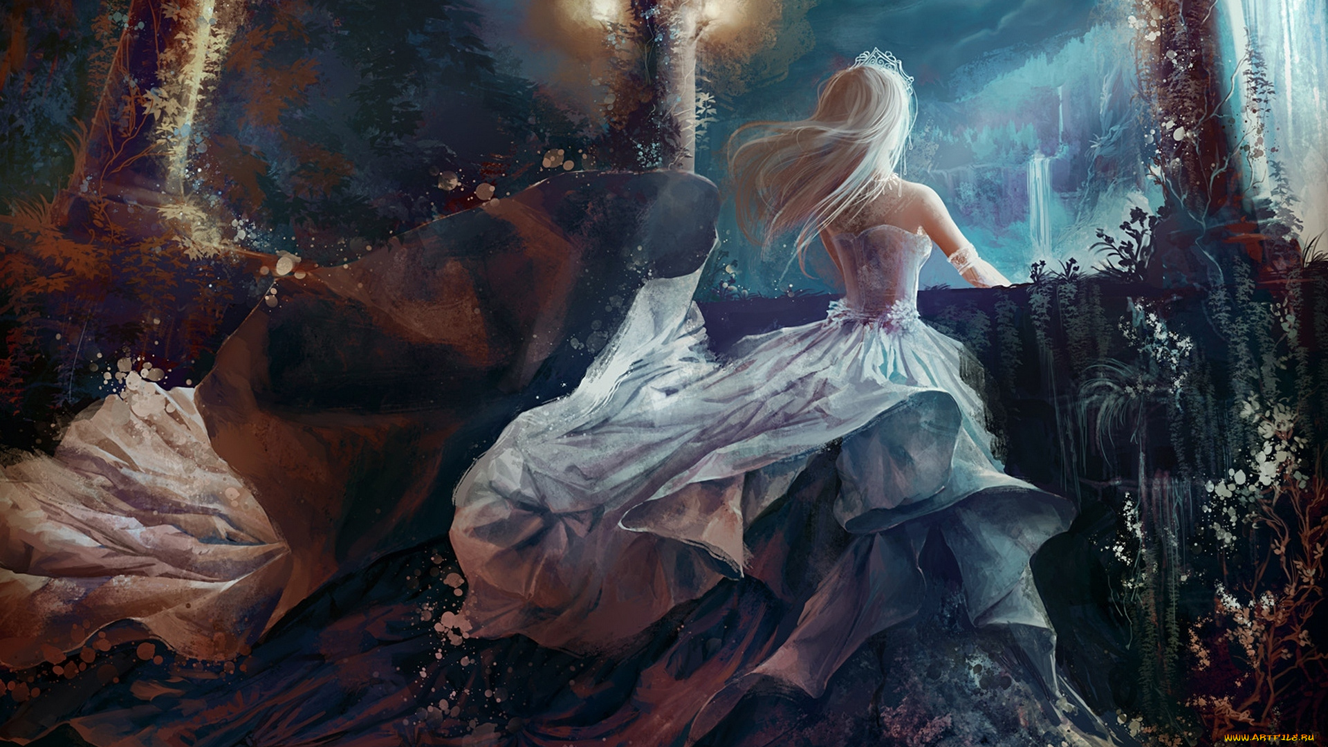 аниме, unknown, , другое, арт, принцесса, водопад, тиара, девушка, jennyeight