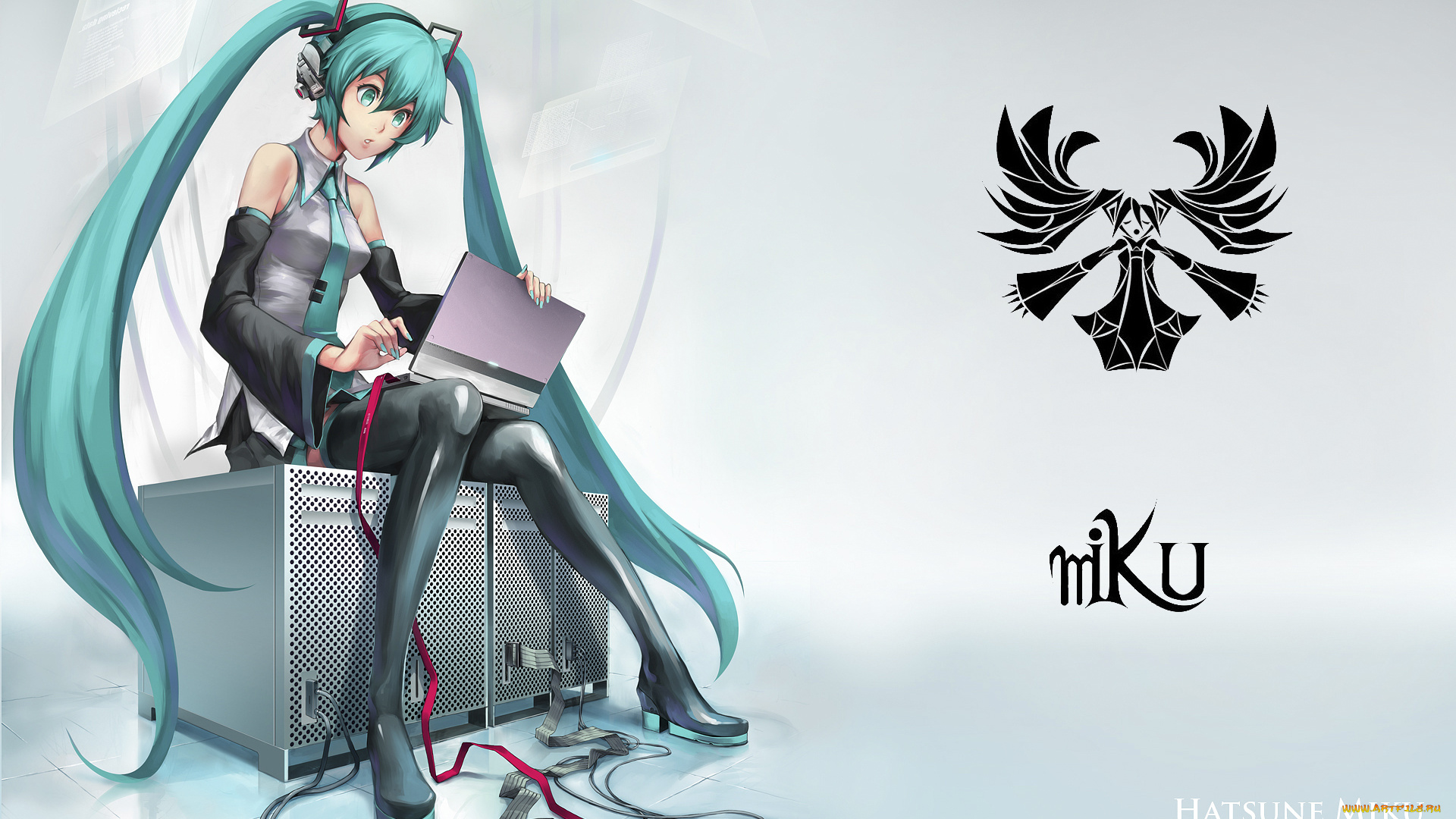 аниме, vocaloid, девушка, длинные, волосы, вокалоид, hatsune, miku, хатсуне, мику, ноутбук, сидит, art