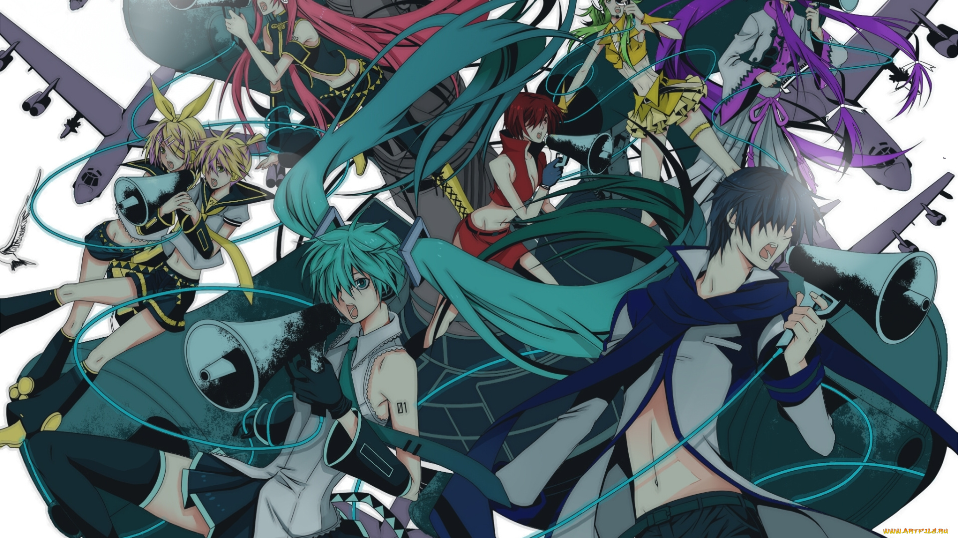 аниме, vocaloid, hatsune, miku, вокалоид, gumi, megurine, luka, love, is, war, kaito, kagamine, len, rin, самолеты, провода, громкоговоритель, парни, девушки, meiko, kamui, gakupo