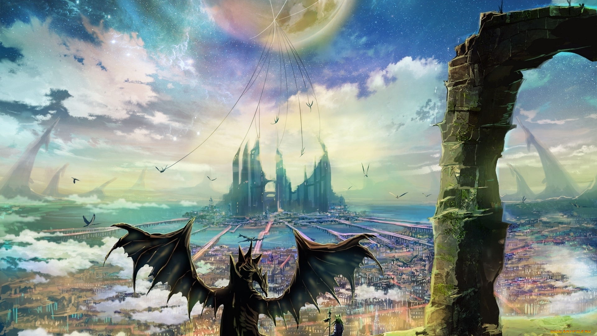 аниме, животные, , существа, inz, арт, дракон, пейзаж, оружие, человек, небо, звезды, луна, замок