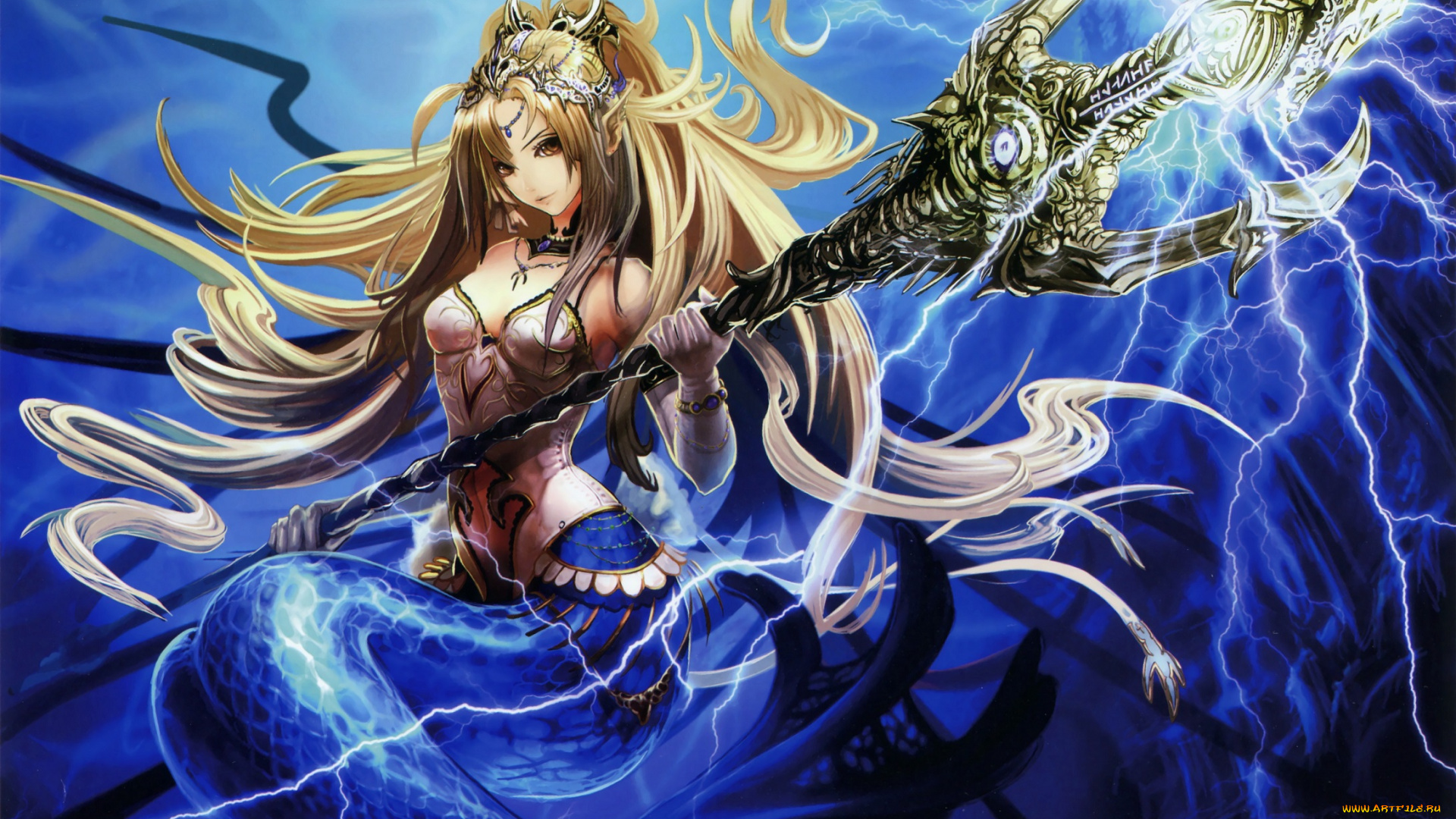 аниме, животные, , существа, магия, под, водой, девушка, молнии, корона, bimo, tachikawa, mushimaro, арт, русалка