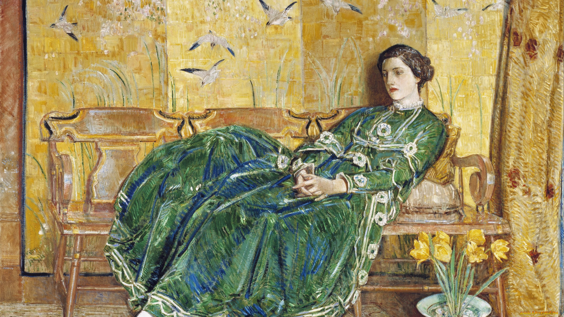 april, the, green, gown, рисованное, frederick, childe, hassam, женщина, платье, шторы, панно, птицы, цветы, скамейка
