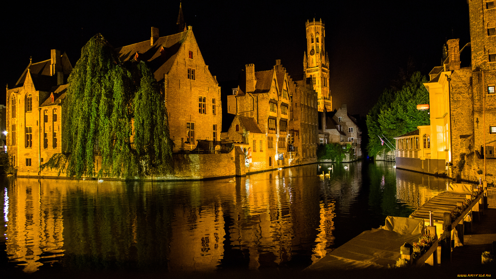brugge, города, брюгге, , бельгия, канал, ночь, здания, огни