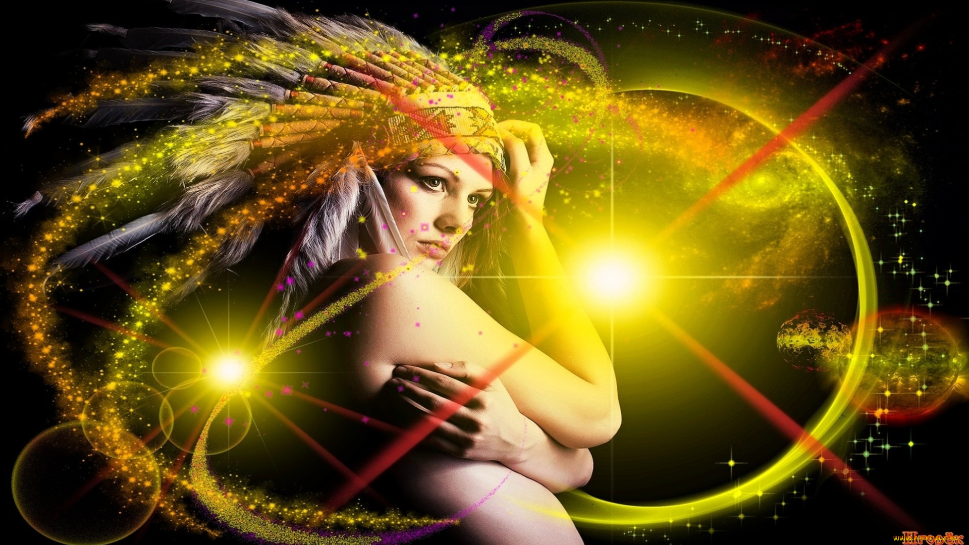 девушки, -unsort, , креатив, перья, индианка, абстракция, свет