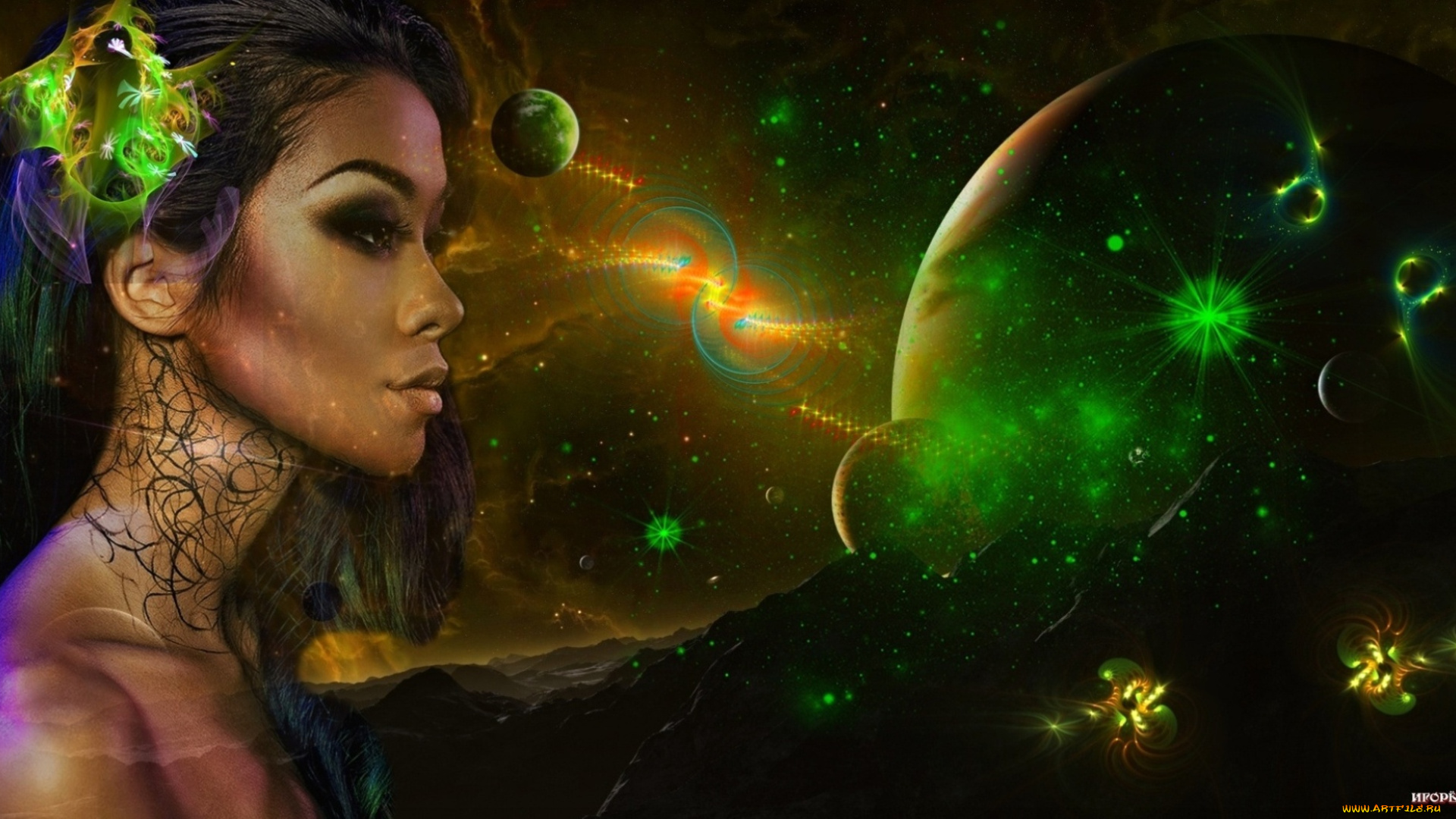 девушки, -unsort, , креатив, планеты, космос, абстракция, мулатка, профиль