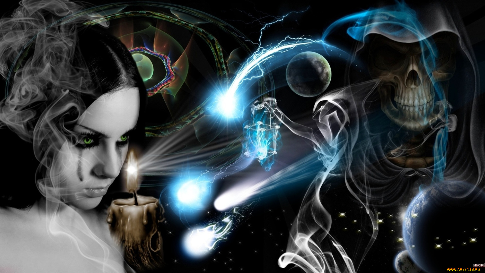 девушки, -unsort, , креатив, свеча, свет, брюнетка, дым, смерть