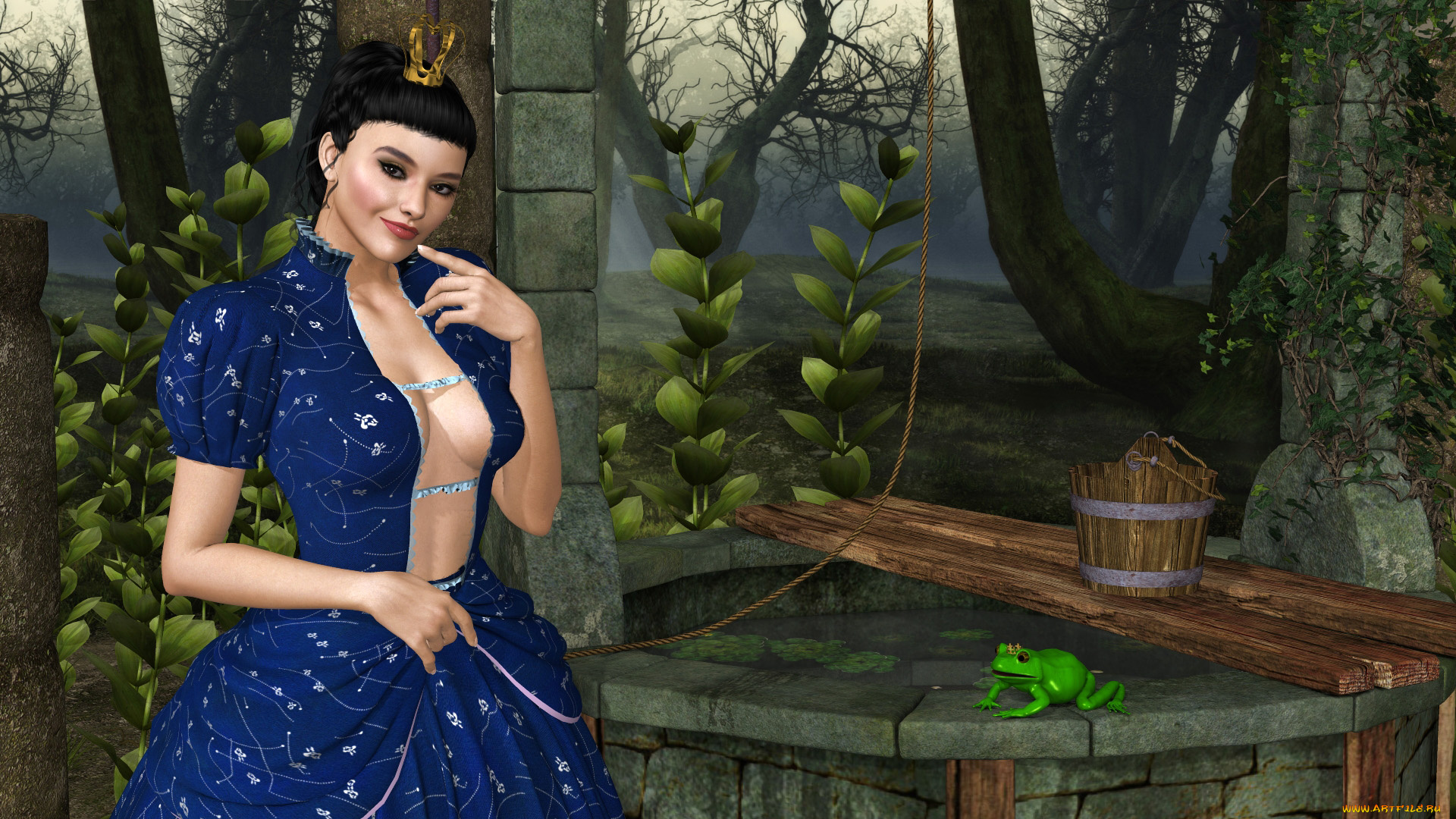 feliciana, 3д, графика, фантазия, , fantasy, лягушка, фон, взгляд, девушка