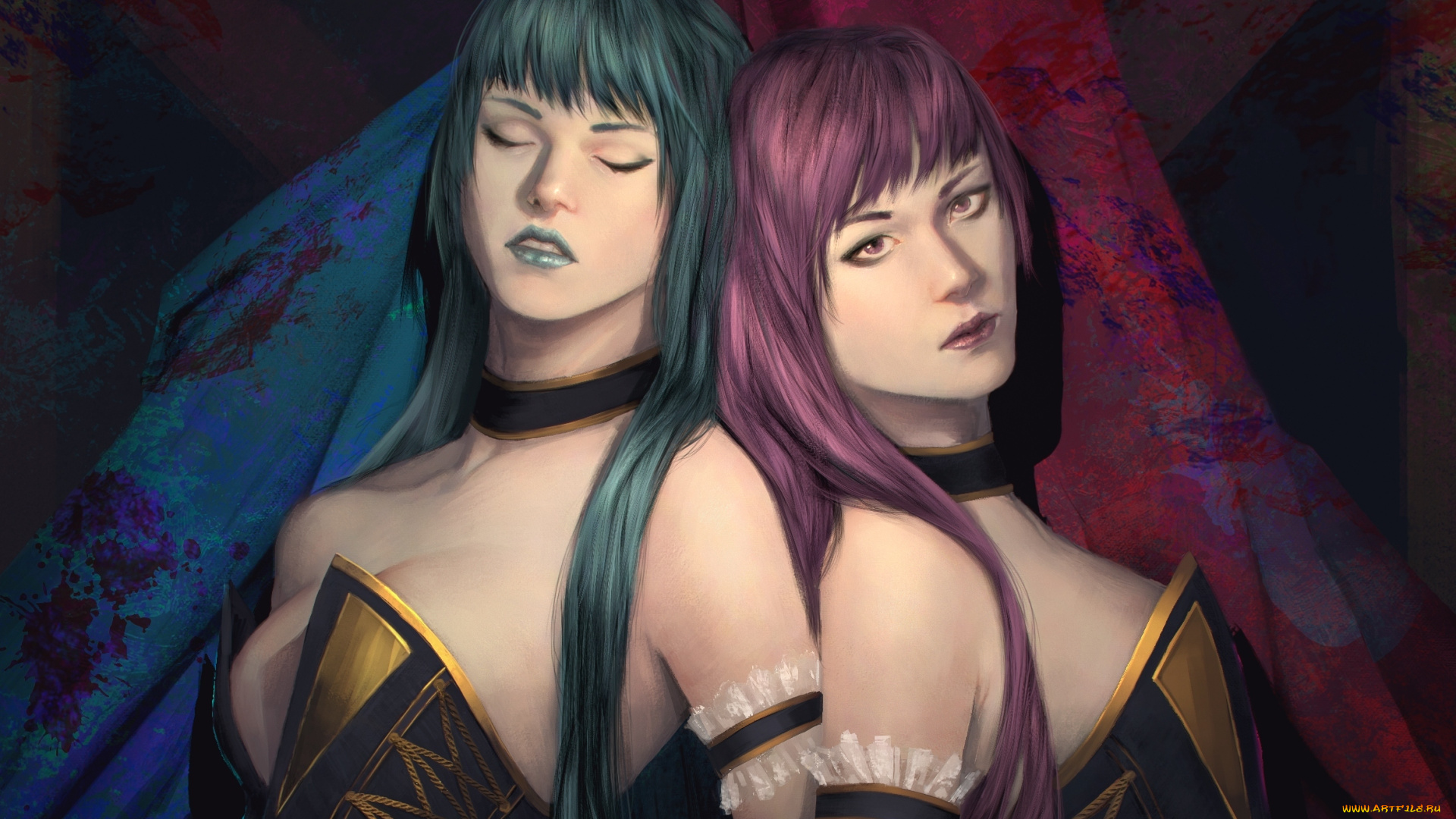 фэнтези, девушки, art, pink, blue, волосы, лицо, взгляд