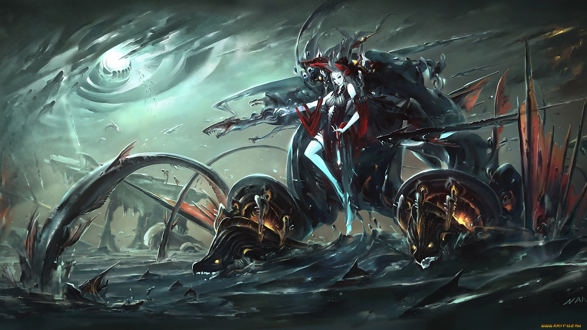 фэнтези, роботы, , киборги, , механизмы, арт, море, монстры, девушка