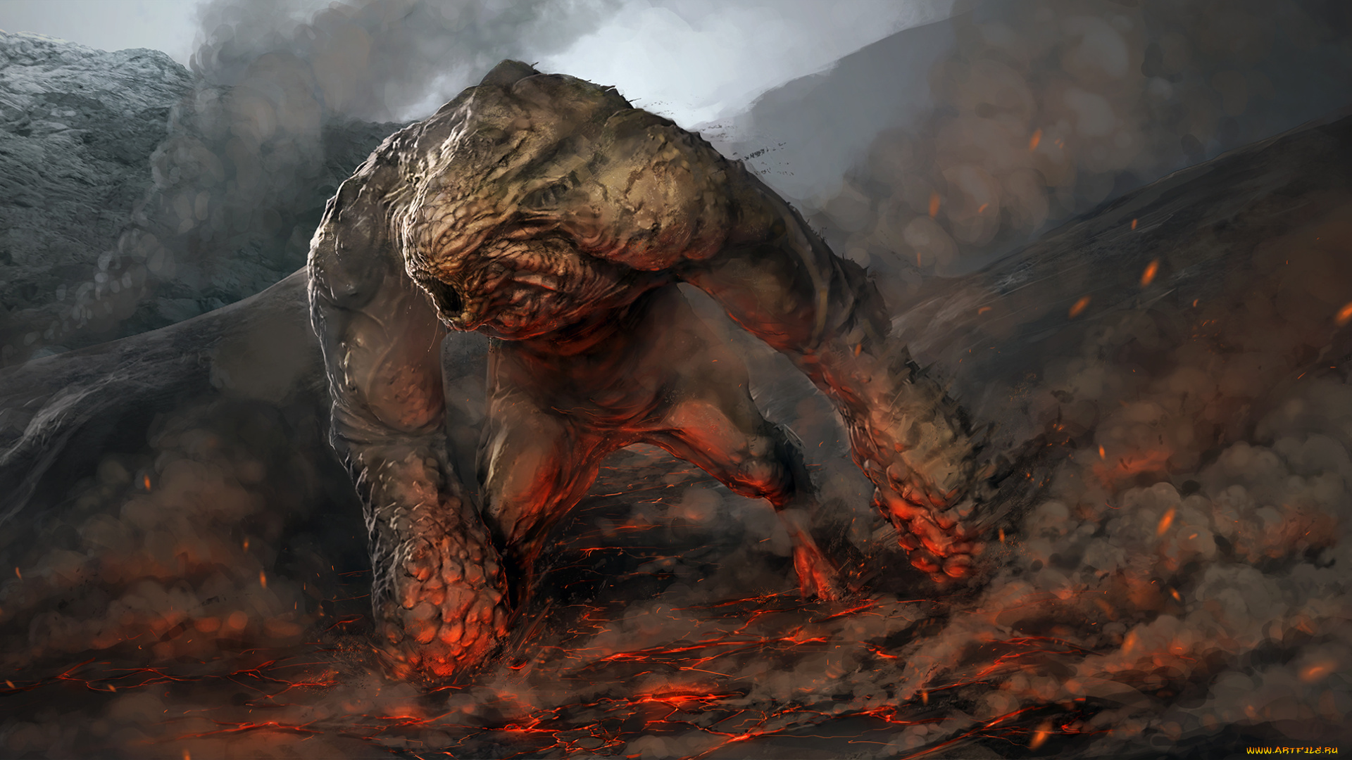 фэнтези, существа, фантастика, lava, golem, монстр, арт, гора