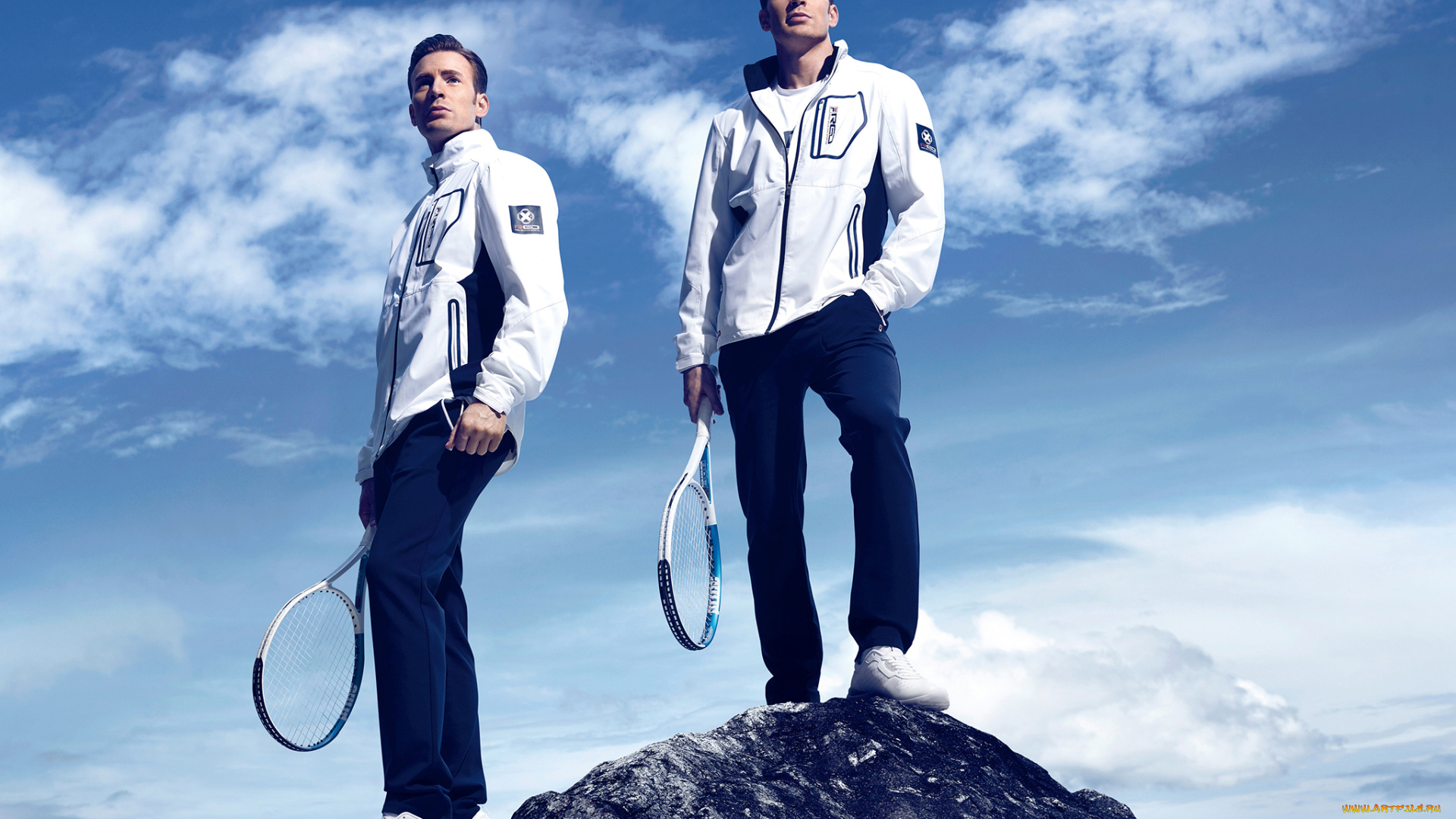 мужчины, chris, evans, крис, эванс, chris, evans, актер, спортивный, костюм, ракетка, небо, облака, fila, одежда, реклама, бренд