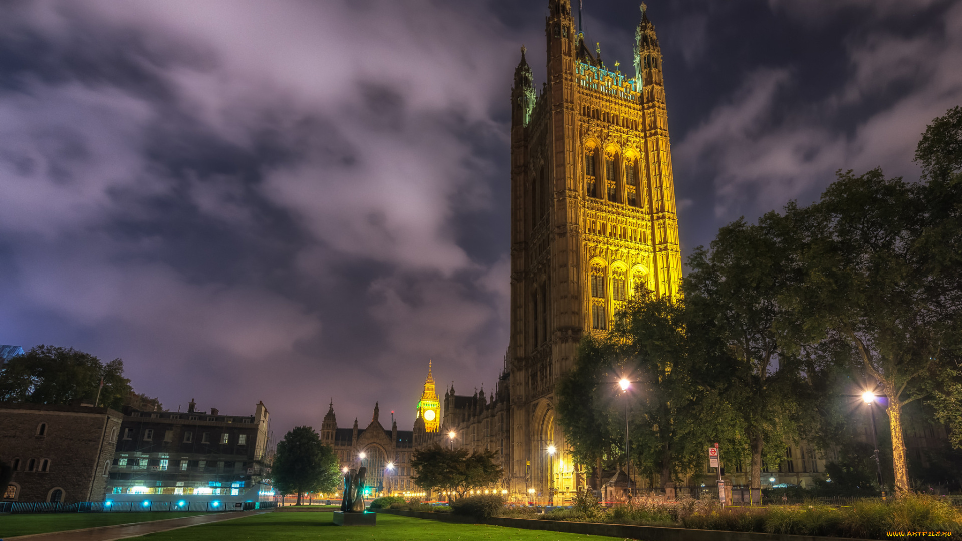 parliament, города, лондон, , великобритания, ночь, парк, парламент, огни
