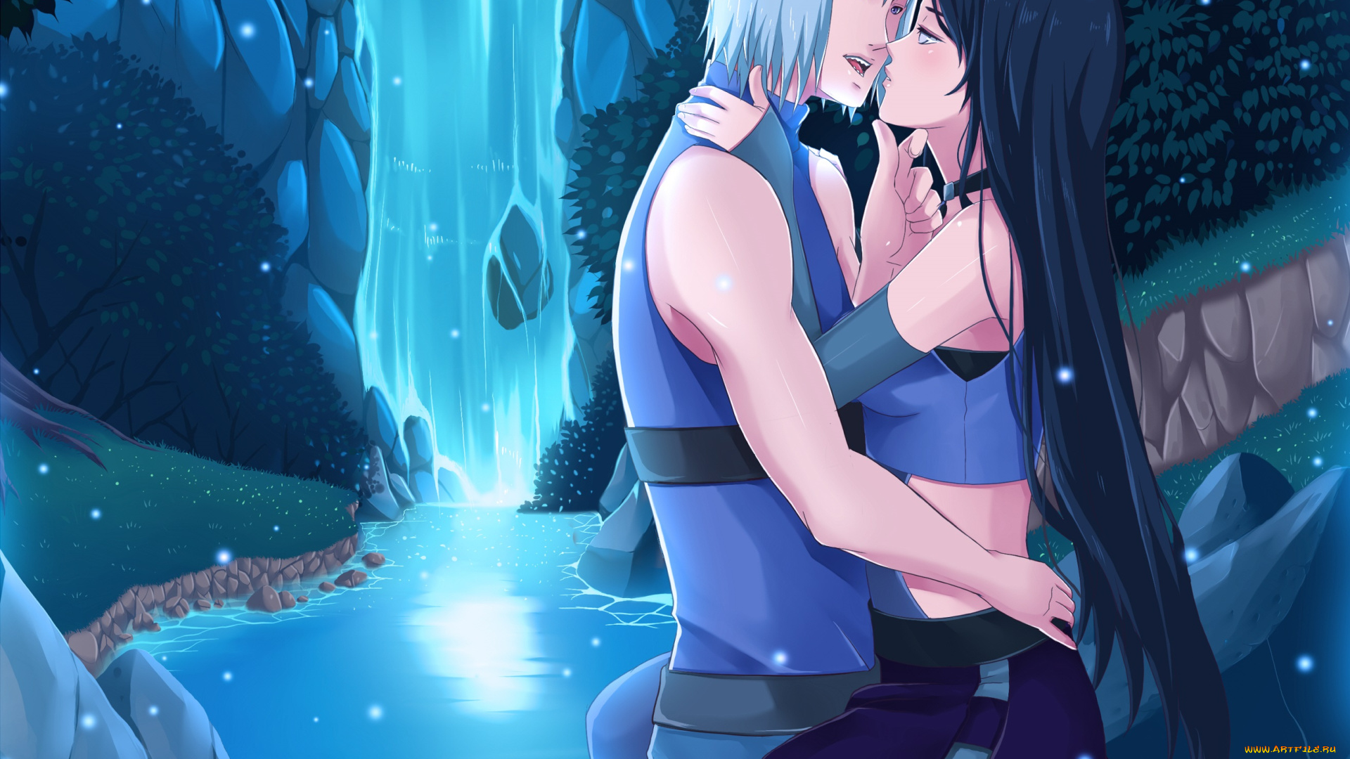 разное, арты, пара, девушка, парень, водопад, суйгетцу, аниме, наруто, романтика, арт