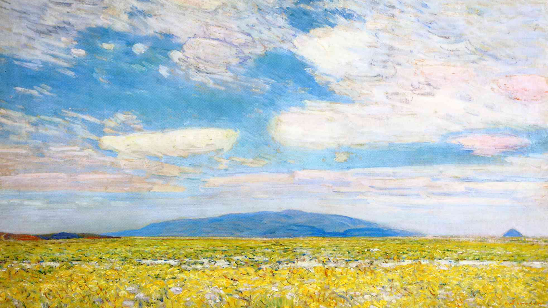 рисованное, frederick, childe, hassam, небо, облака, холм, луг, цветы
