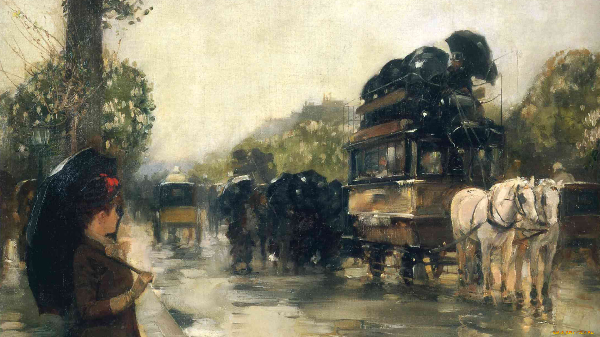 рисованное, frederick, childe, hassam, женщина, зонт, дорога, деревья, вещи, лошади, экипаж