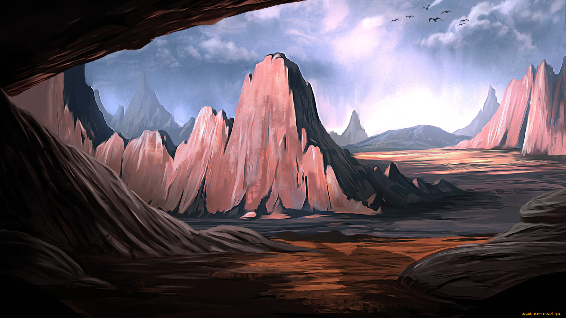 рисованное, природа, птицы, облака, долина, горы