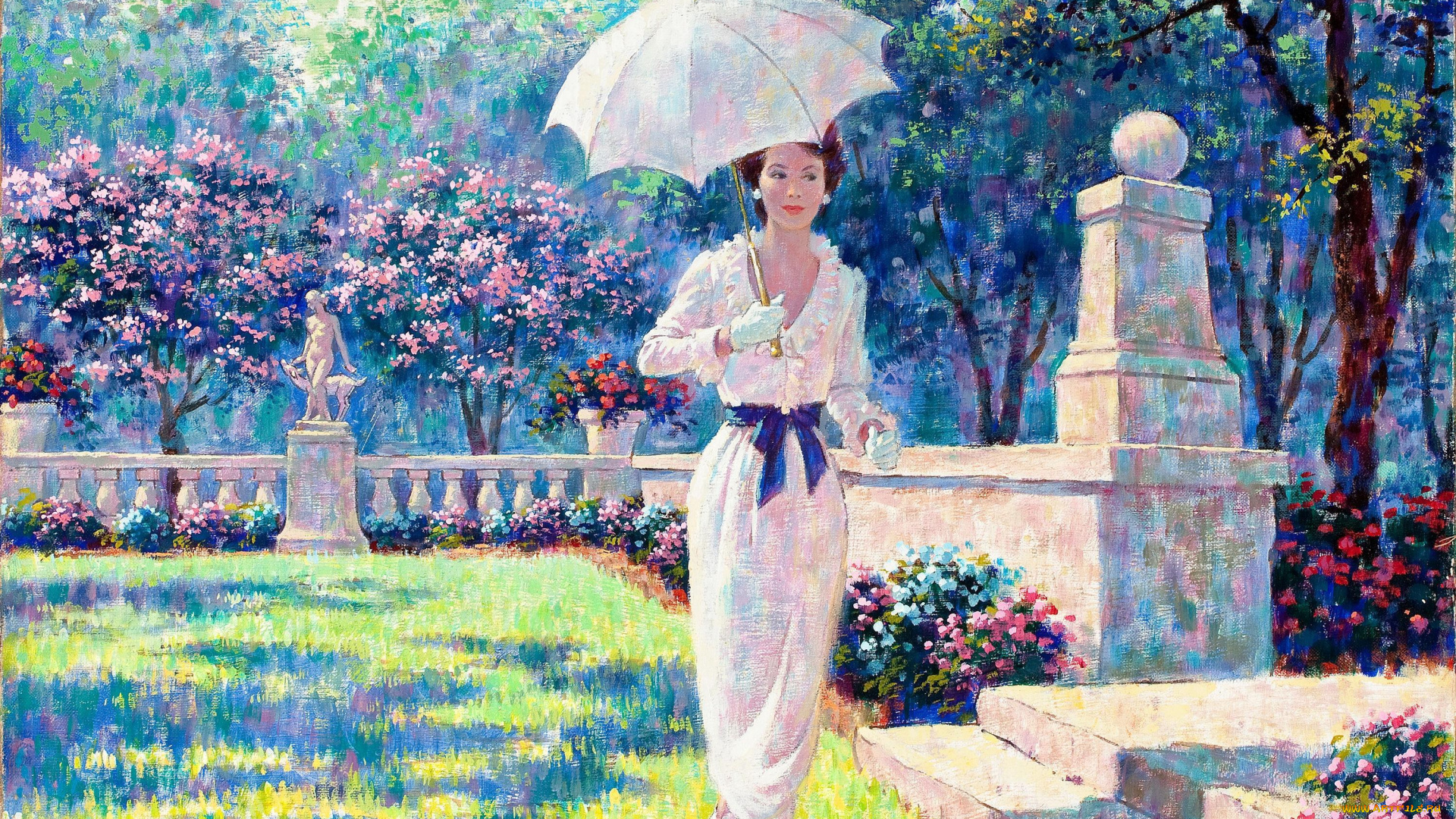 рисованное, живопись, зонтик, женщина, весенняя, рапсодия