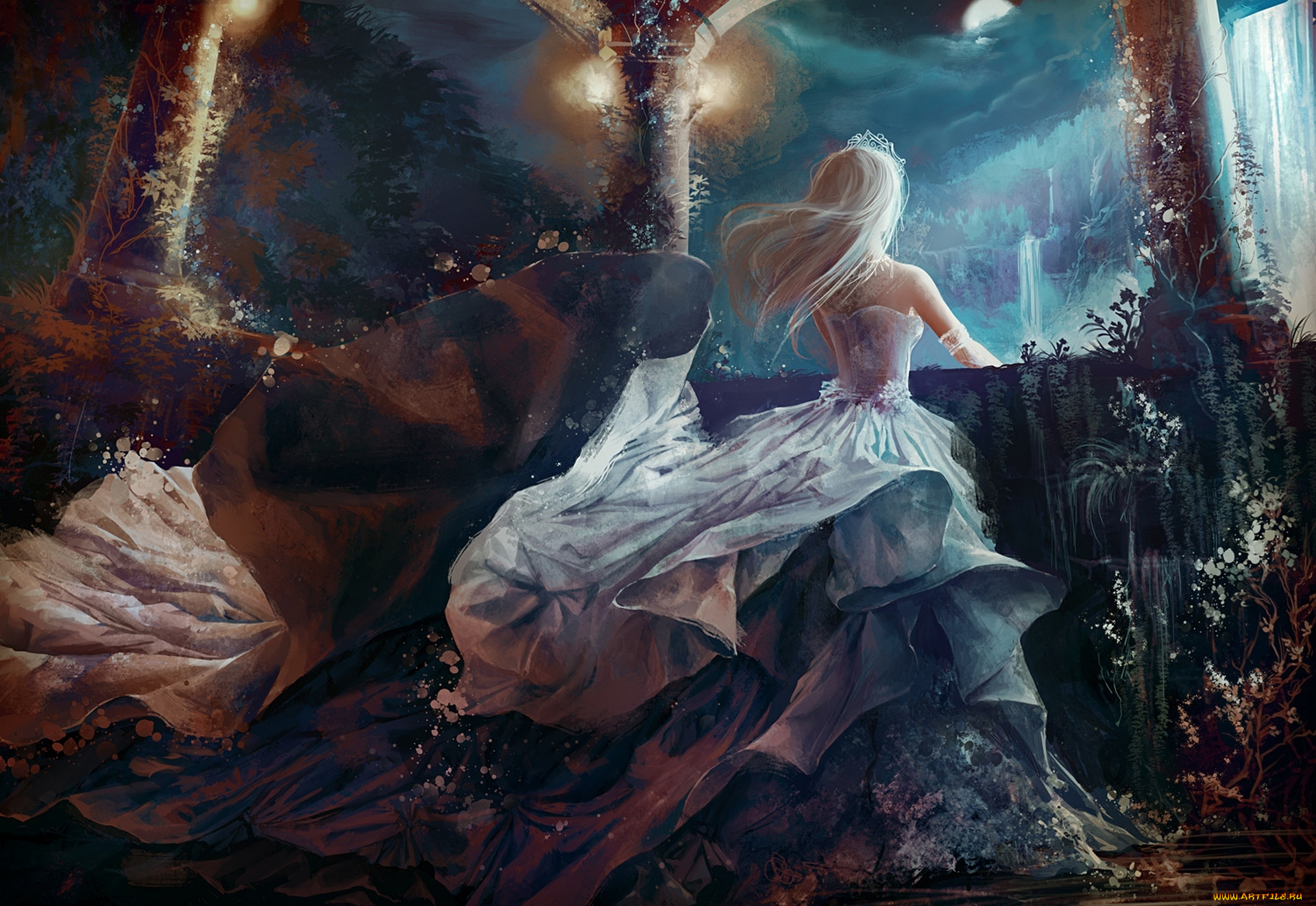 аниме, unknown, , другое, арт, принцесса, водопад, тиара, девушка, jennyeight