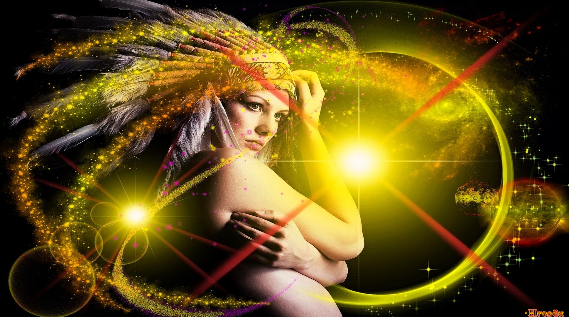 девушки, -unsort, , креатив, перья, индианка, абстракция, свет