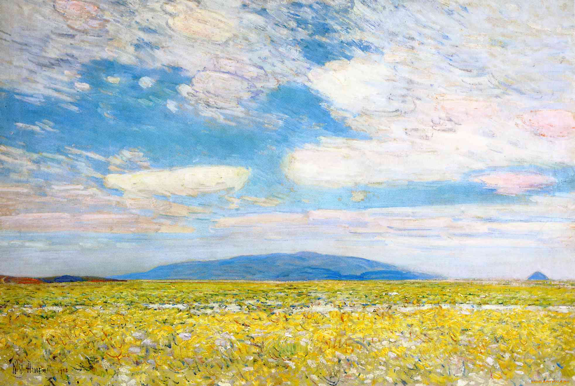 рисованное, frederick, childe, hassam, небо, облака, холм, луг, цветы