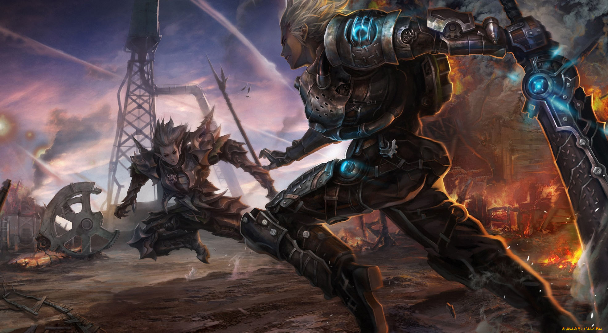 фэнтези, эльфы, argo, арт, битва, огонь, трубы, вышка, парни, эльф, оружие, меч, завод