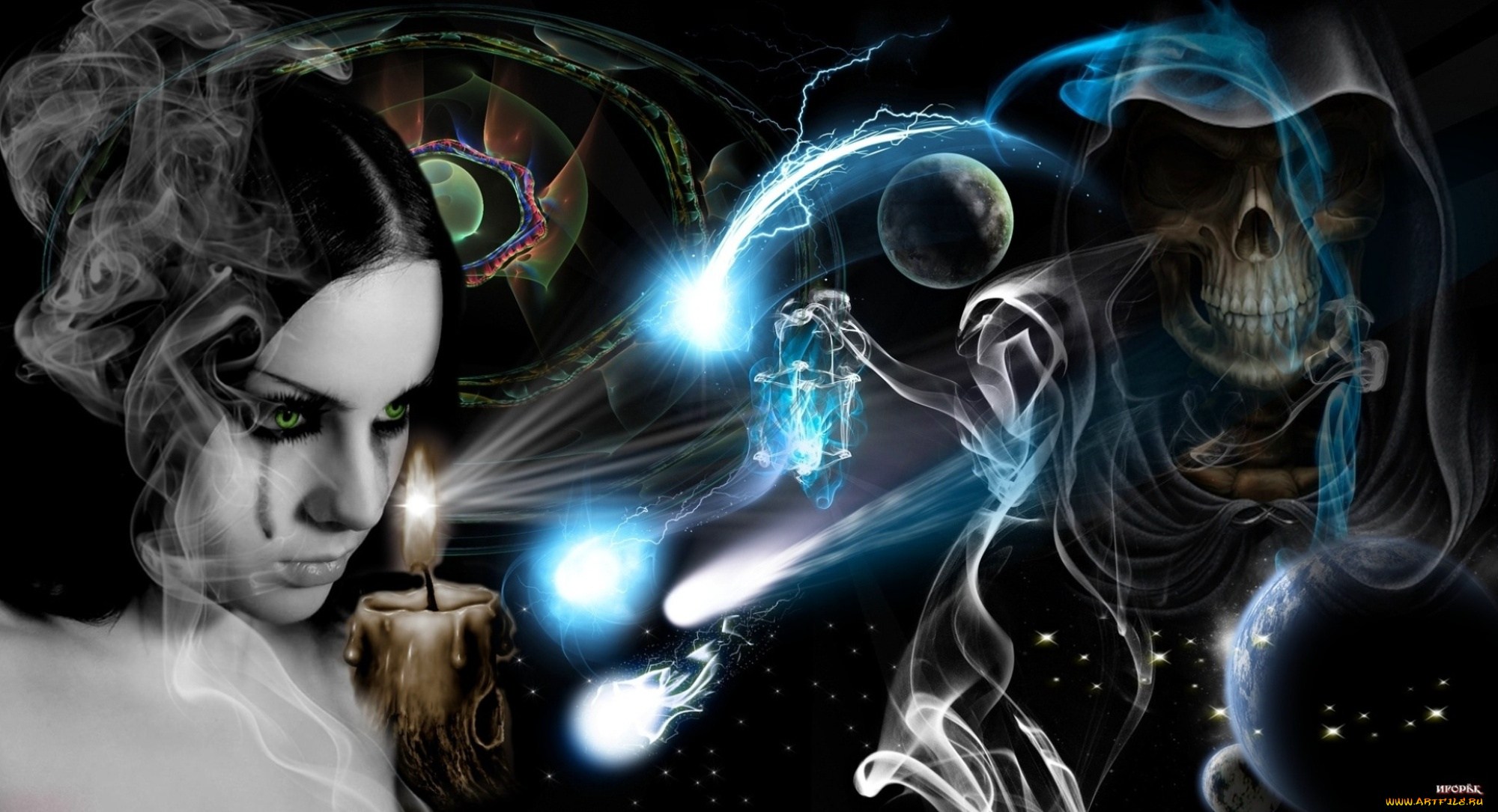 девушки, -unsort, , креатив, свеча, свет, брюнетка, дым, смерть