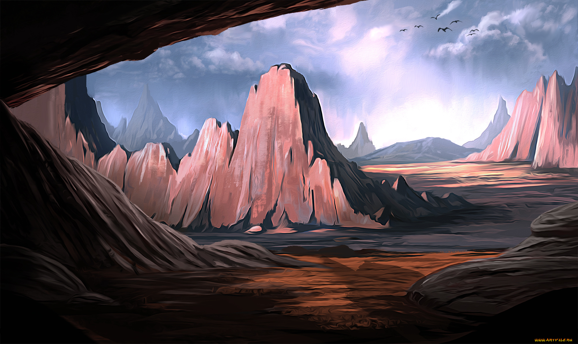 рисованное, природа, птицы, облака, долина, горы