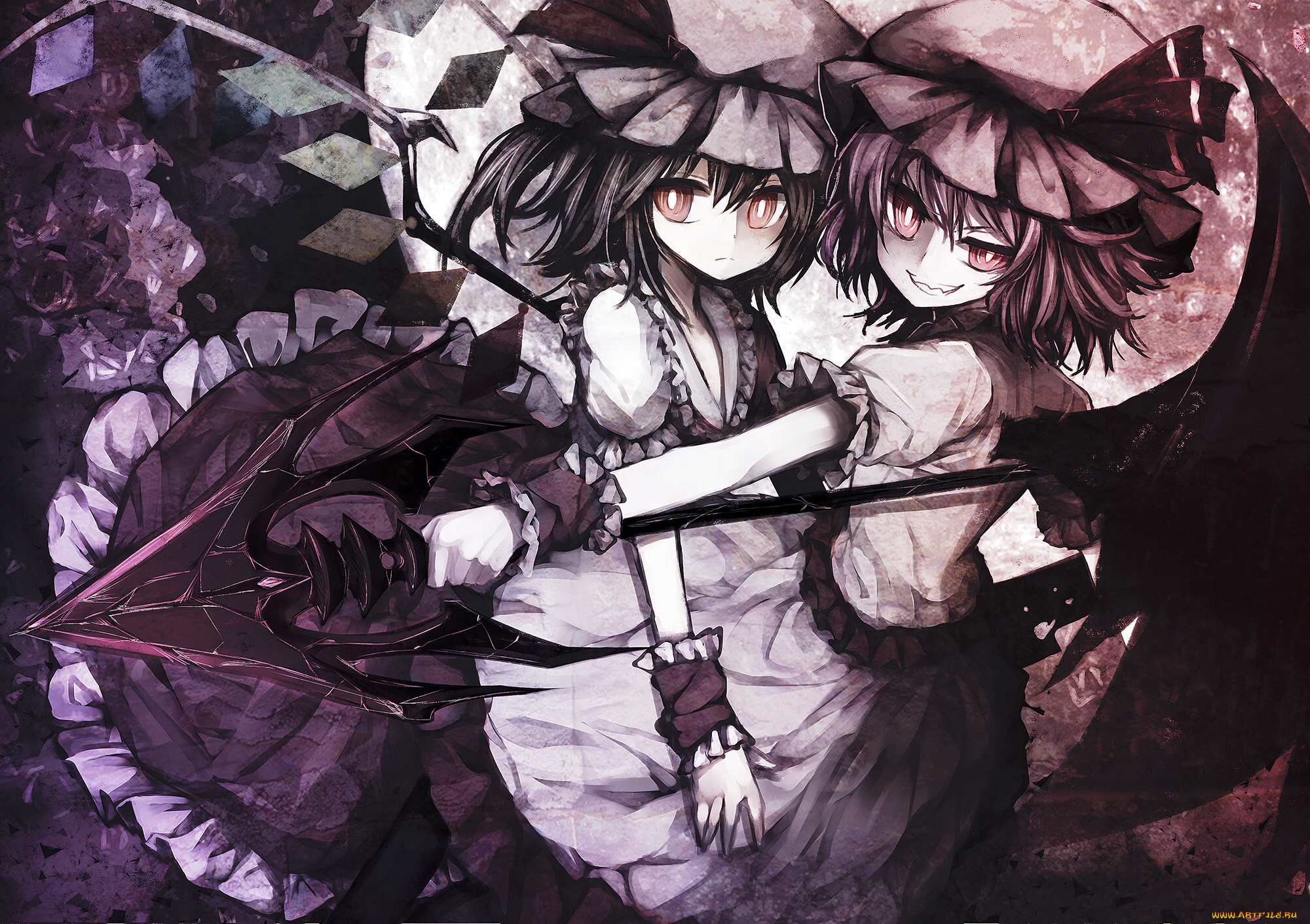 аниме, touhou, девочки, шляпы, ухмылка, копье, оружие