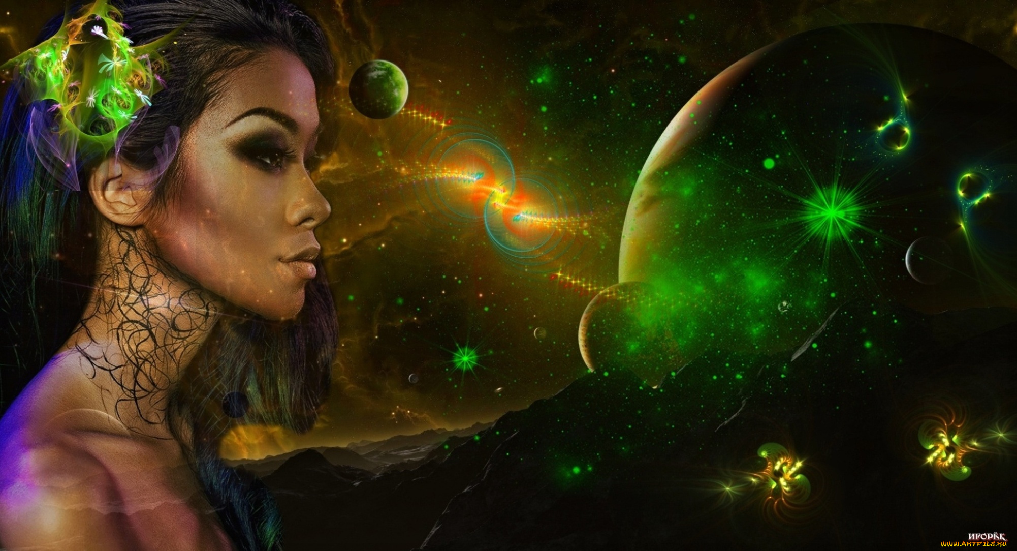 девушки, -unsort, , креатив, планеты, космос, абстракция, мулатка, профиль