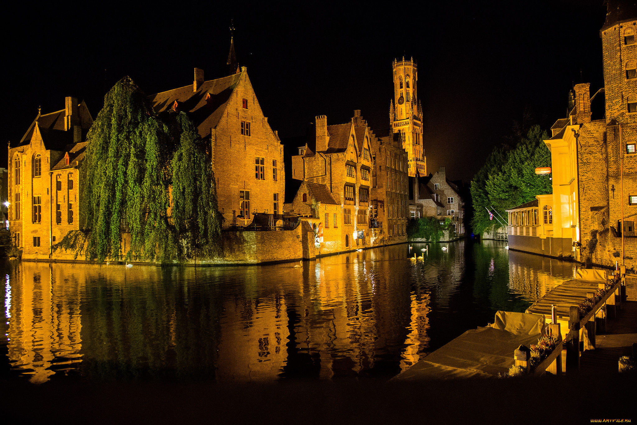 brugge, города, брюгге, , бельгия, канал, ночь, здания, огни