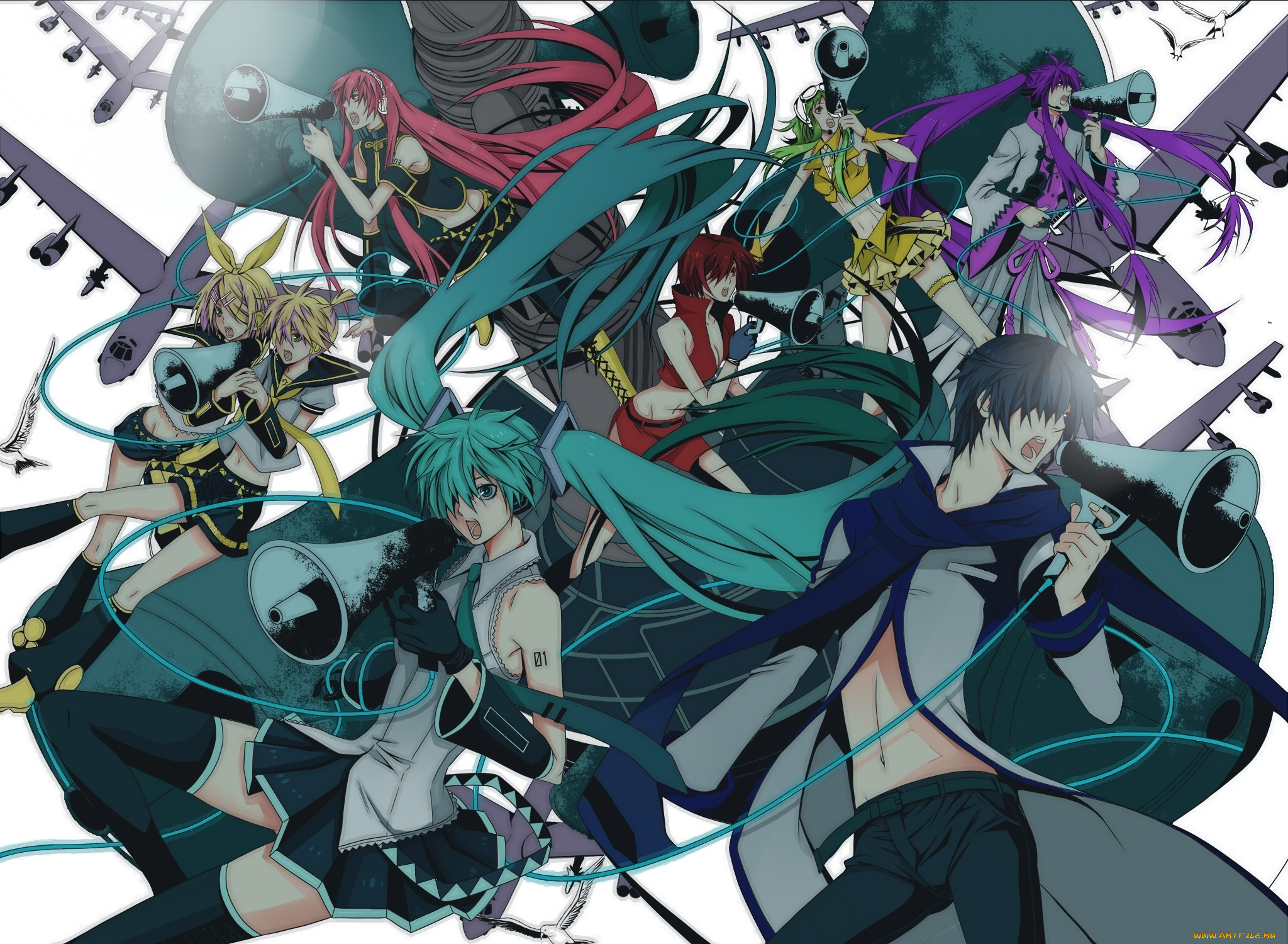 аниме, vocaloid, hatsune, miku, вокалоид, gumi, megurine, luka, love, is, war, kaito, kagamine, len, rin, самолеты, провода, громкоговоритель, парни, девушки, meiko, kamui, gakupo