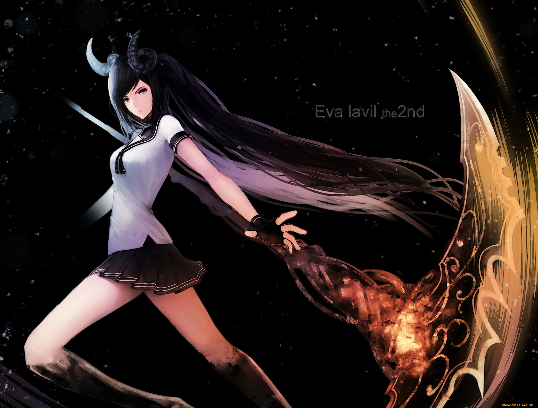 аниме, ангелы, , демоны, школьница, форма, коса, рога, оружие, девушка, ariinine, арт