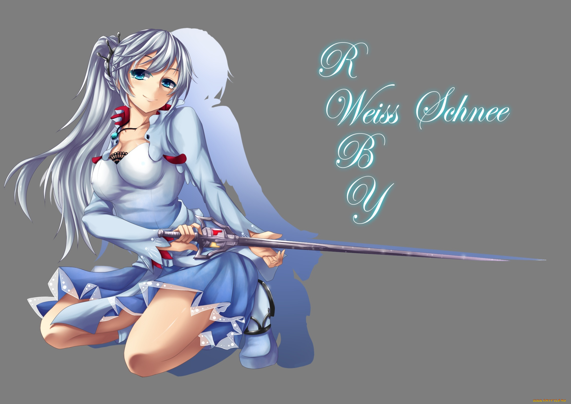 аниме, оружие, , техника, , технологии, меч, поза, тень, rwby, девушка, fi-san, weiss, schnee, art, улыбка, взгляд