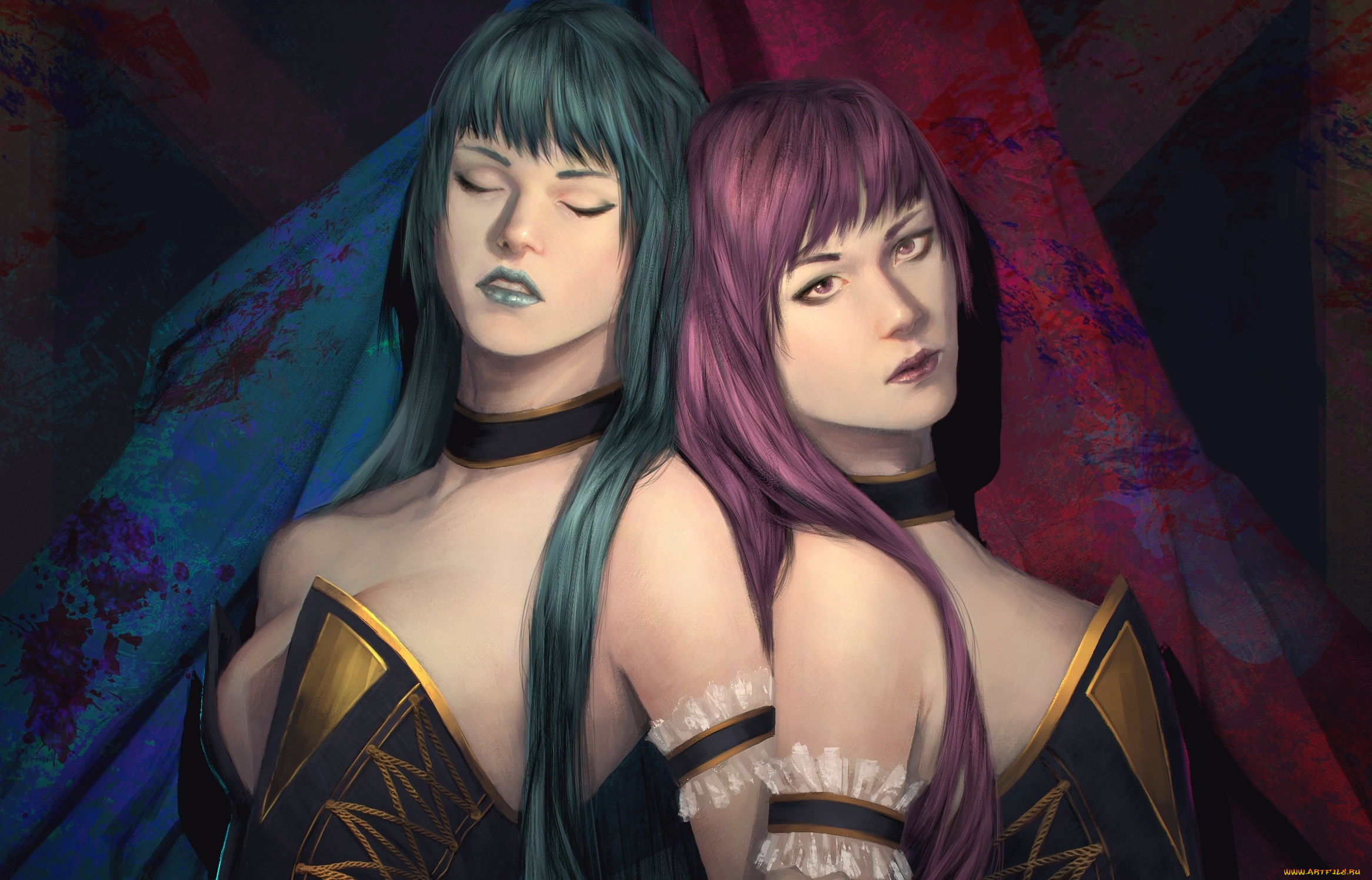 фэнтези, девушки, art, pink, blue, волосы, лицо, взгляд