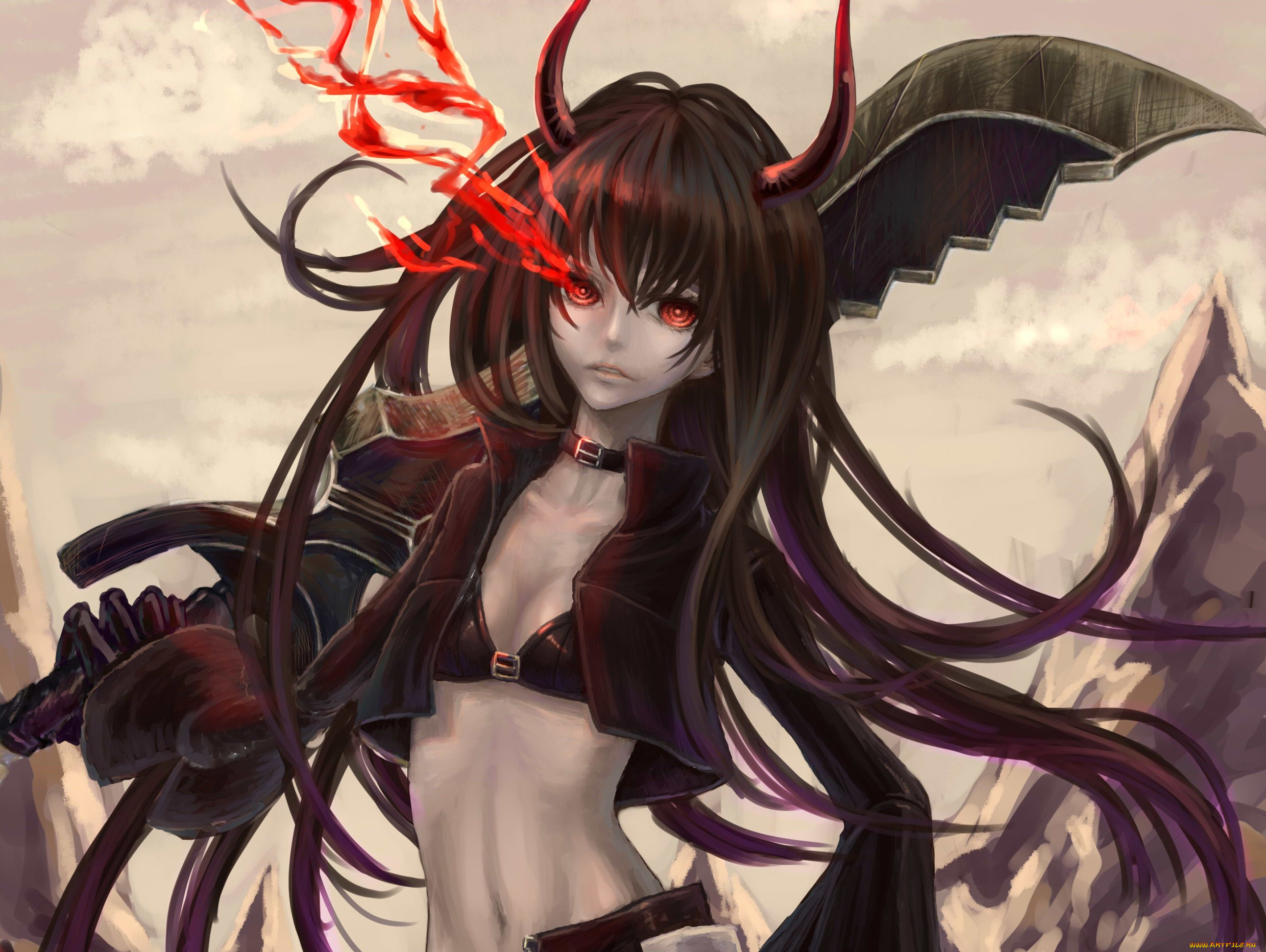 аниме, black, rock, shooter, девушка, art, стрелок, с, черной, скалы, взгляд, black, gold, saw, демон, роза, магия, оружие