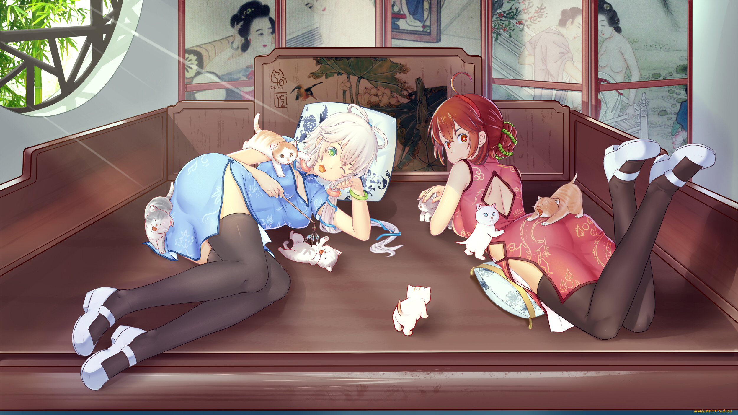 аниме, животные, , существа, подушка, кошки, фон, взгляд, девушки