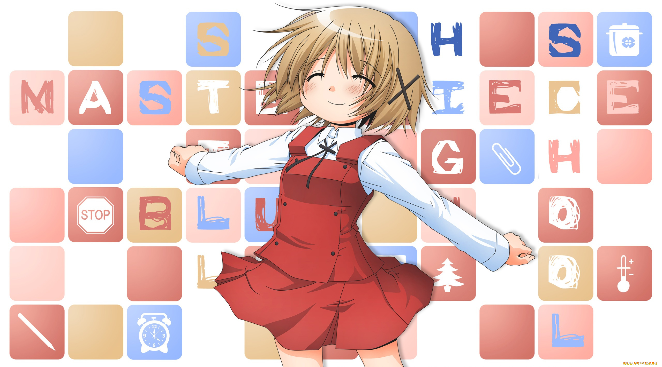 аниме, hidamari, sketch, взгляд, платье, фон