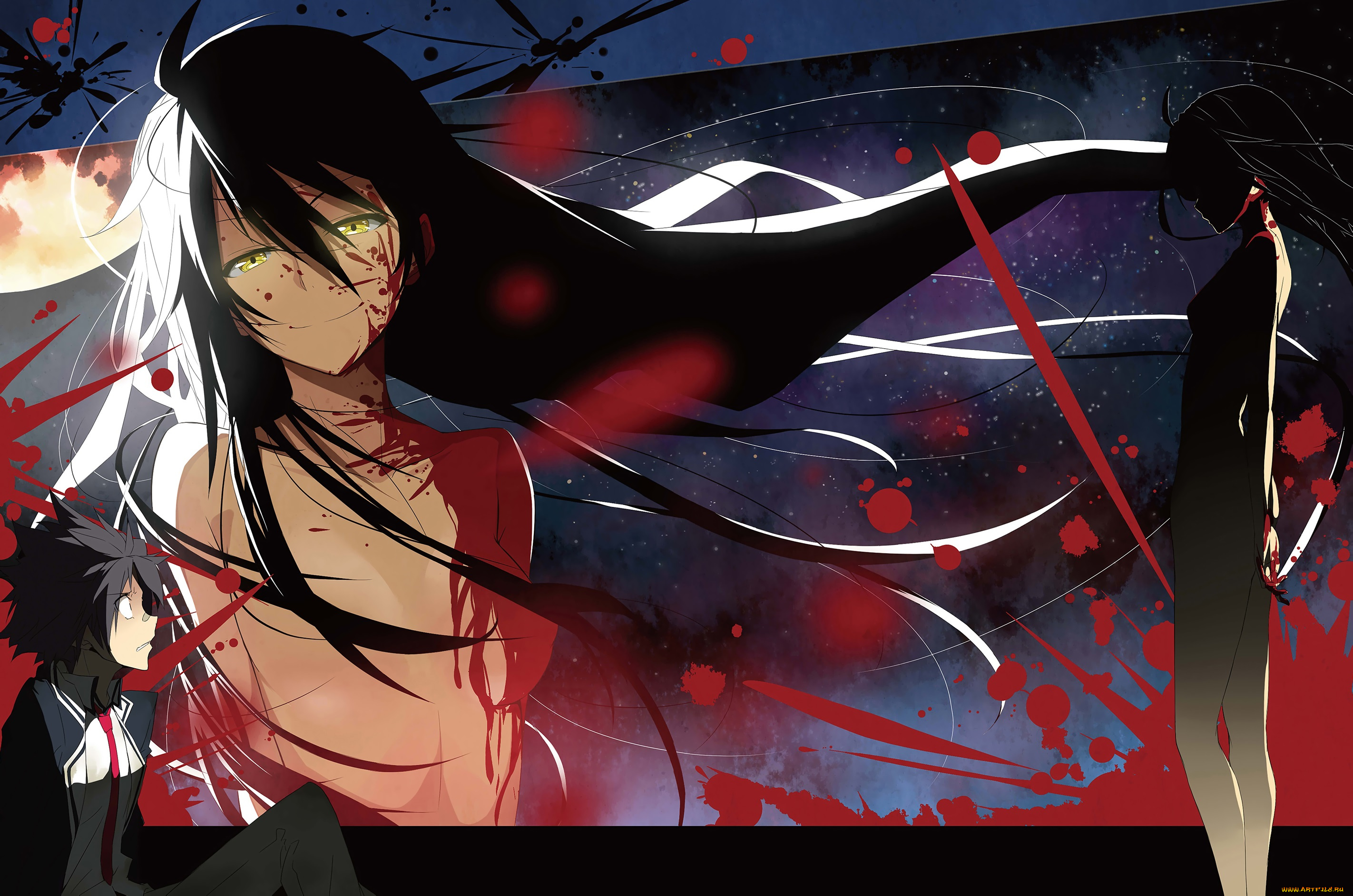 аниме, unknown, , другое, арт, страх, парень, кровь, девушка