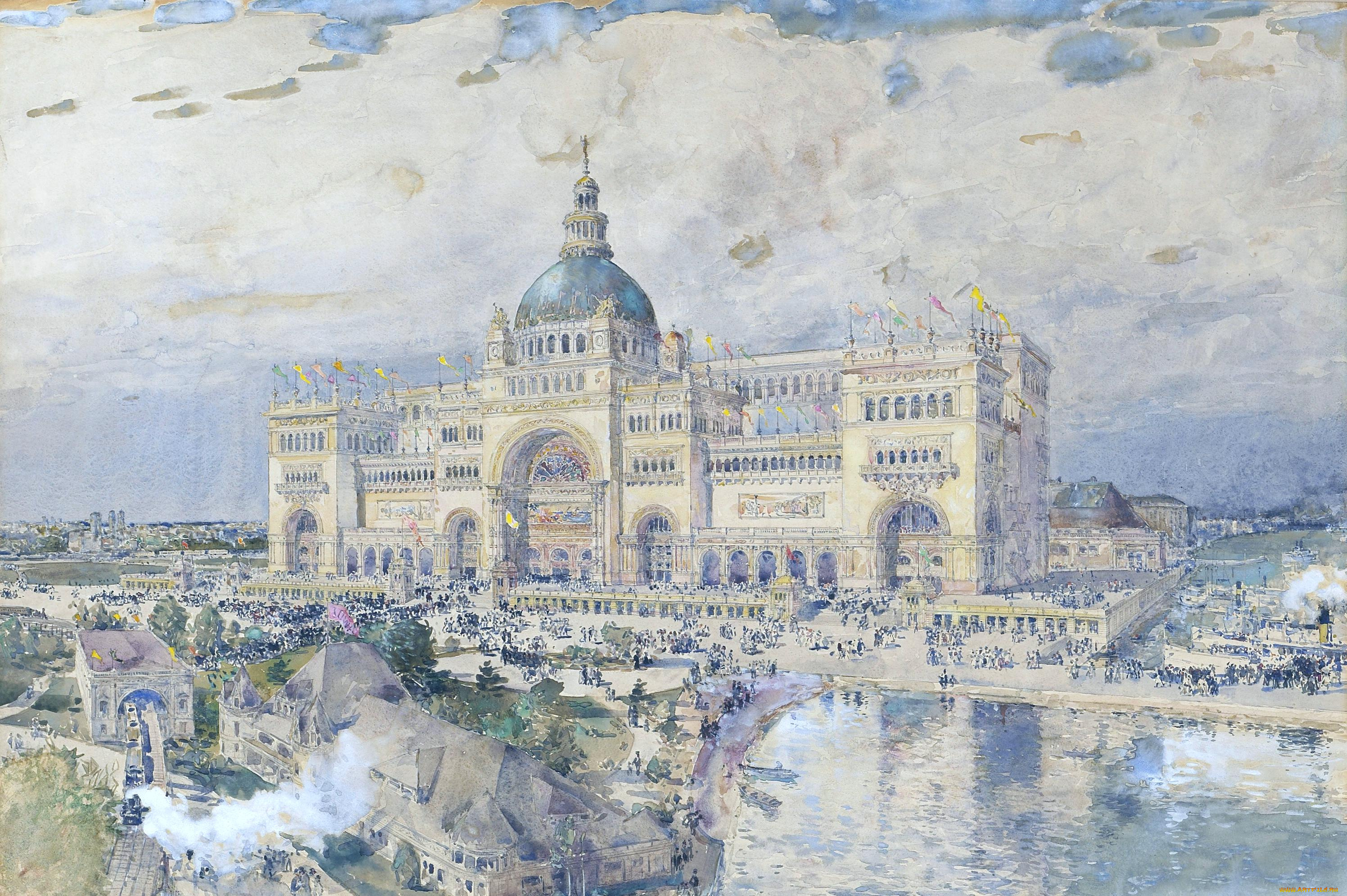 a, view, of, the, worlds, рисованное, frederick, childe, hassam, небо, тучи, дворец, люди, здания