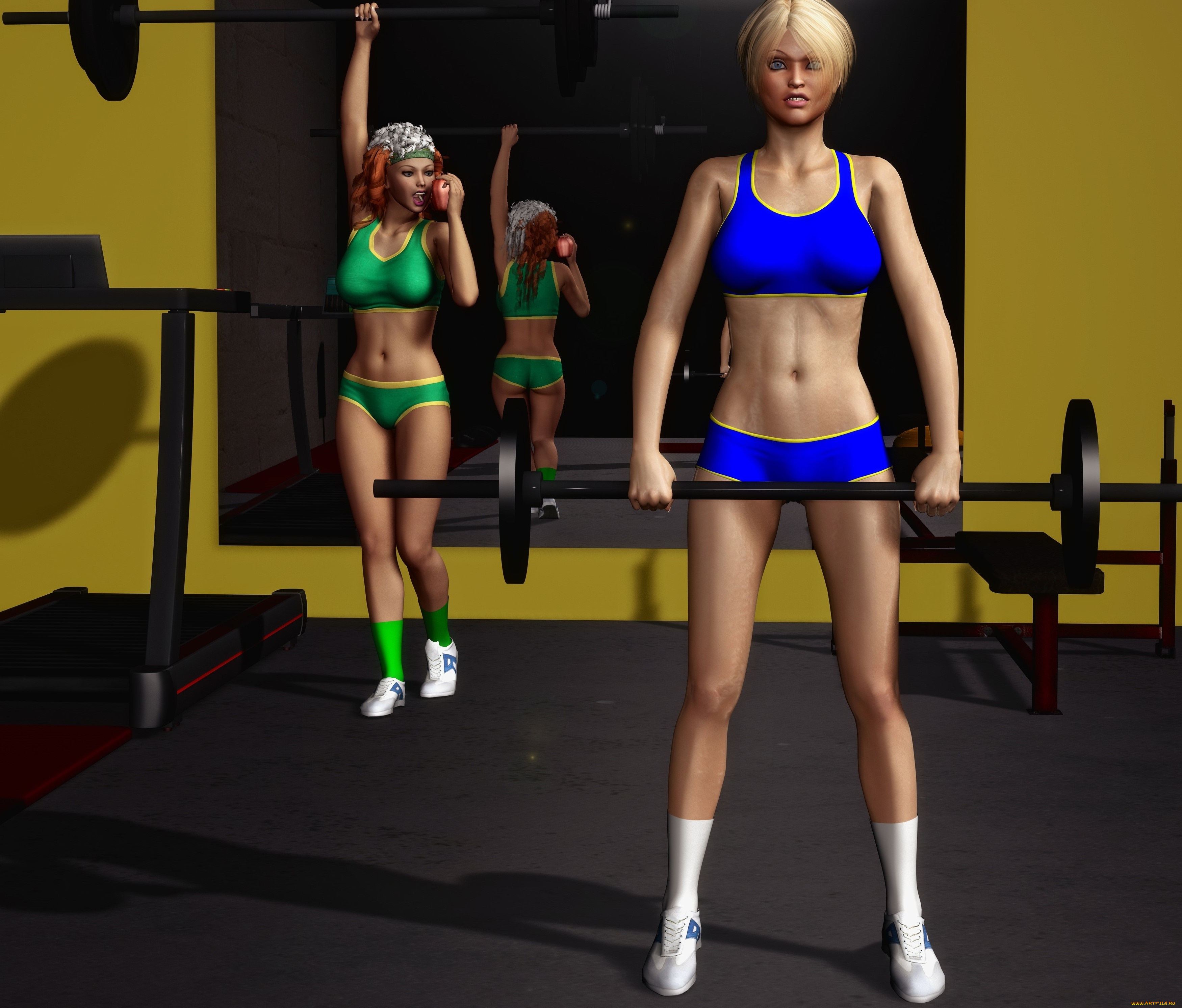 3д, графика, люди, , people, девушки, штанга, фон, взгляд
