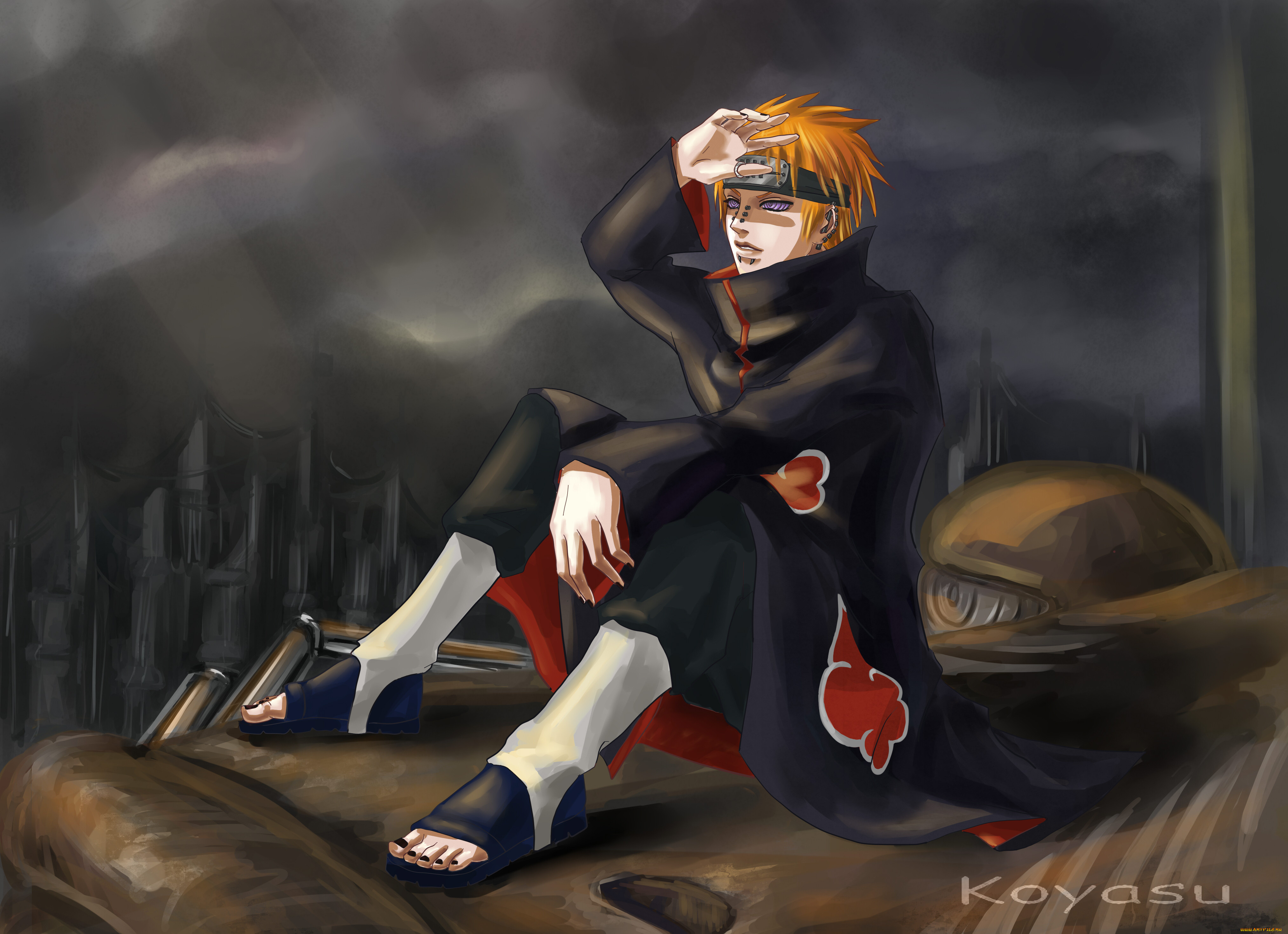 аниме, naruto, взгляд, pain, koyasu, парень, наруто, art, город, риннеган, сидит