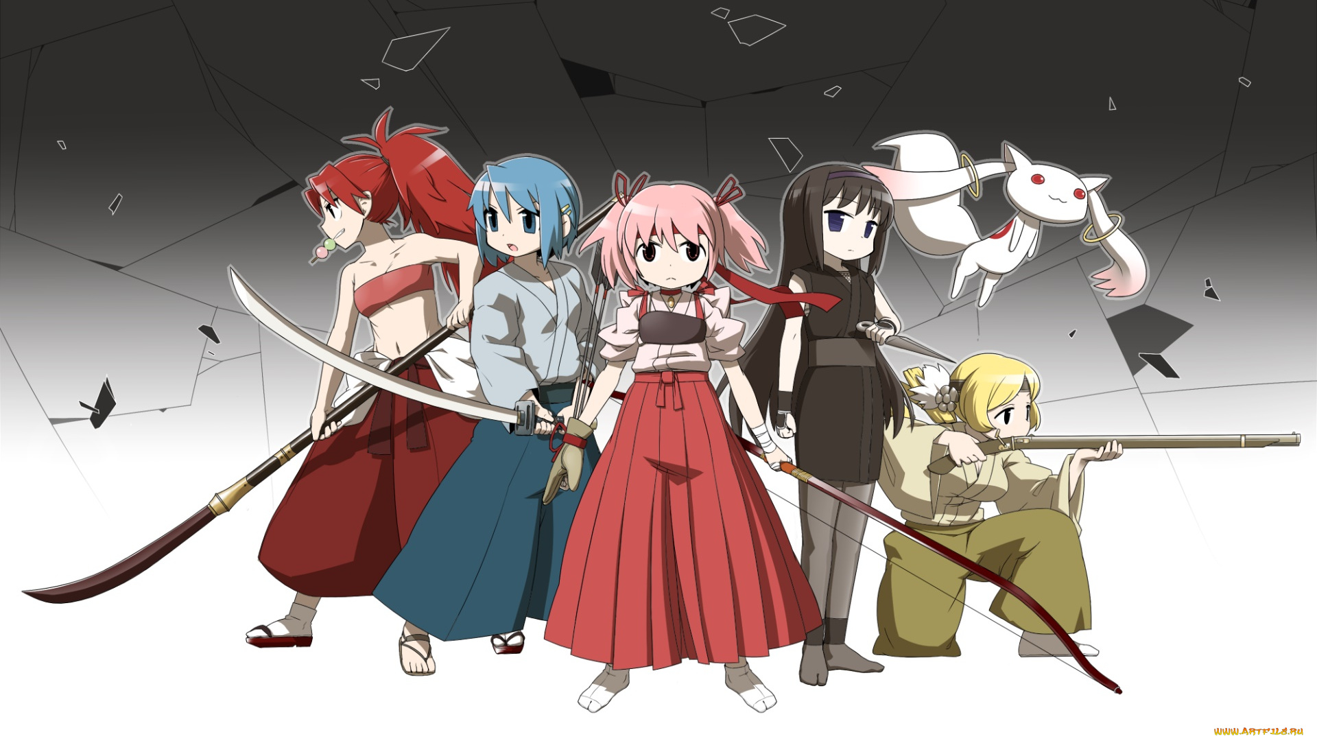 аниме, mahou, shoujo, madoka, magika, девушки, взгляд, фон