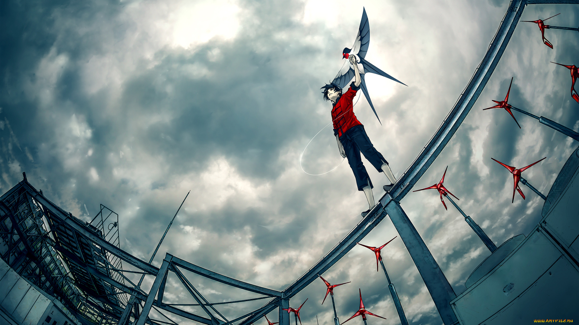 аниме, unknown, , другое, тучи, парень, воздушный, змей